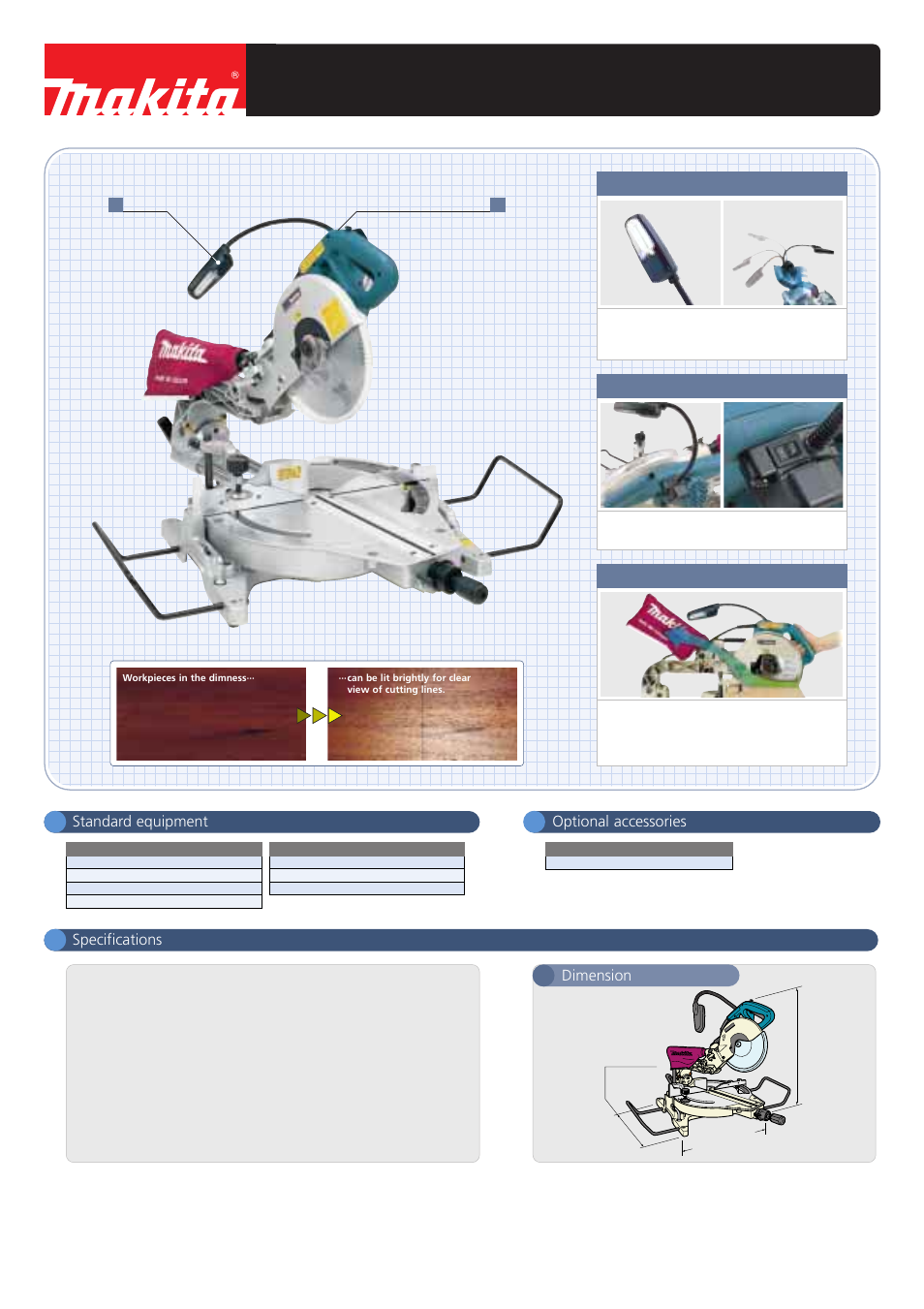 Makita corporation, Dimension, Fluorescent lamp on flexible arm | On-off switch, Plus a clean, dust-free environment | Makita LS1013F User Manual | Page 2 / 2