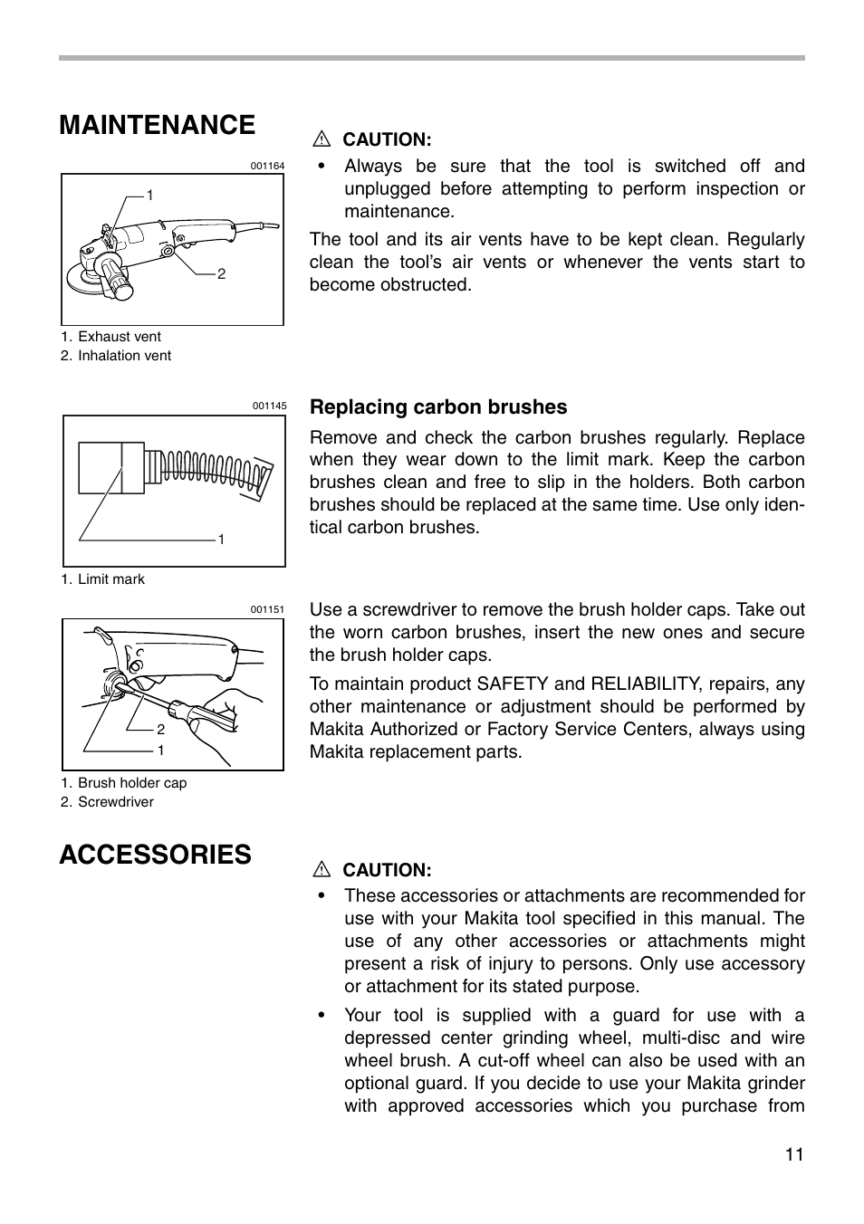 Maintenance, Accessories, Replacing carbon brushes | Makita 9005BZ User Manual | Page 11 / 16