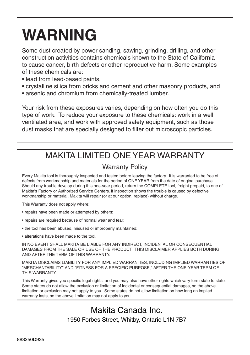 Warning, Makita limited one year warranty, Makita canada inc | Makita 9005BZ User Manual | Page 16 / 16