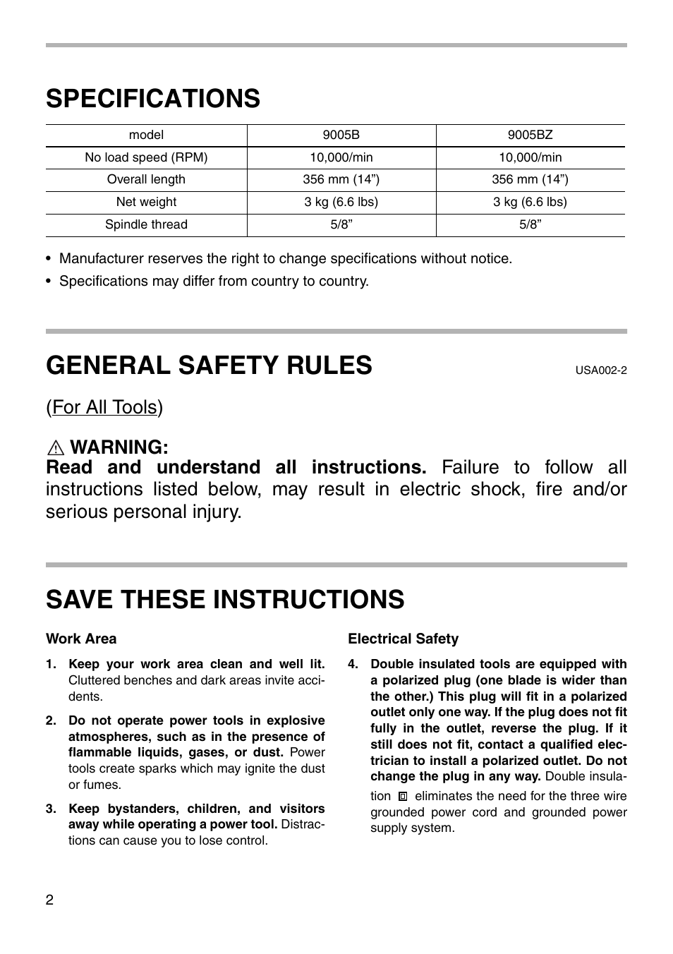 Specifications, General safety rules, Save these instructions | Makita 9005BZ User Manual | Page 2 / 16
