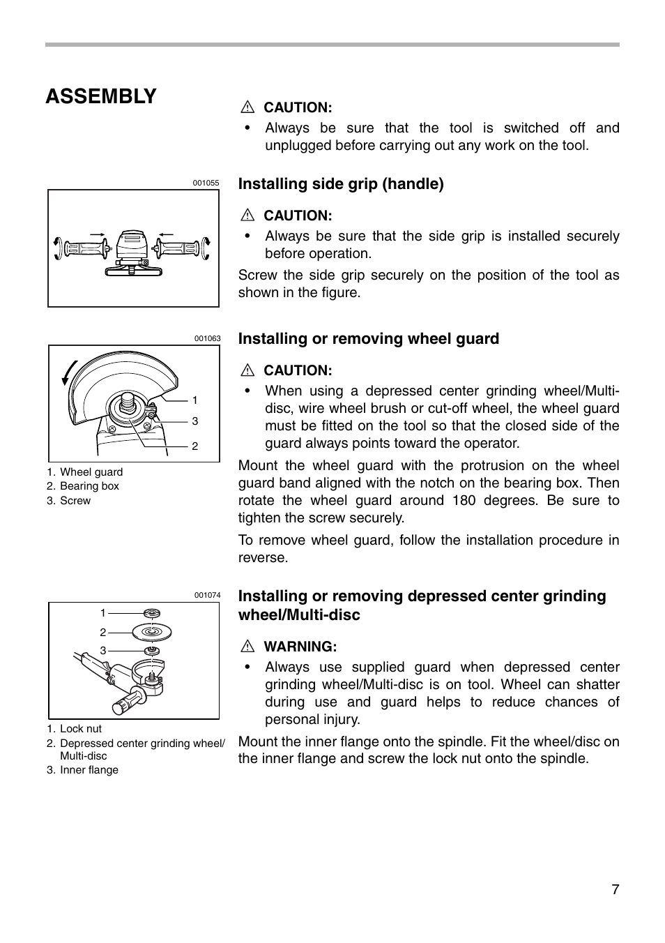 Assembly, Installing side grip (handle), Installing or removing wheel guard | Makita 9005BZ User Manual | Page 7 / 16