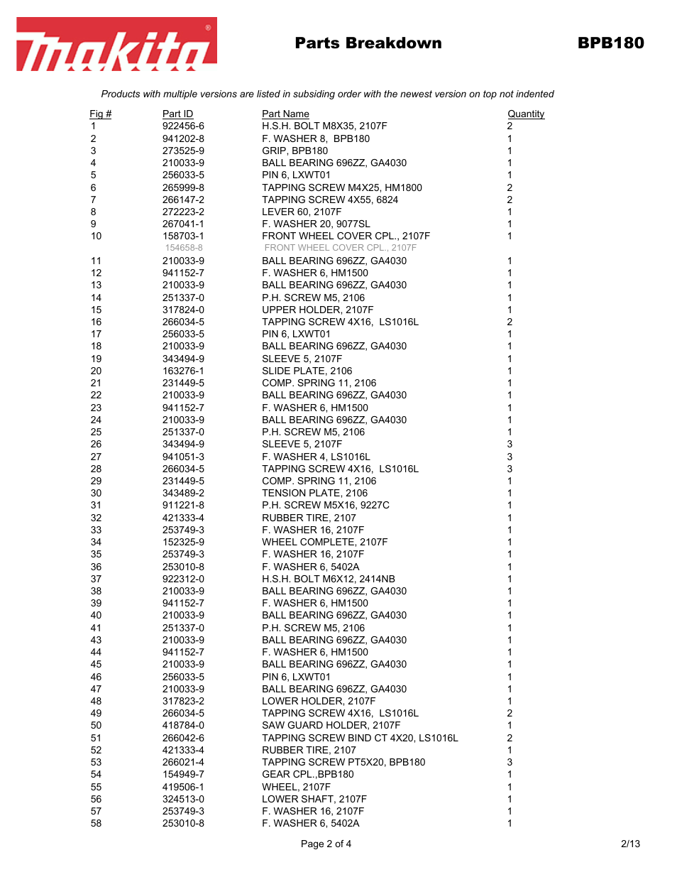 Parts breakdown bpb180 | Makita BPB180 User Manual | Page 2 / 4