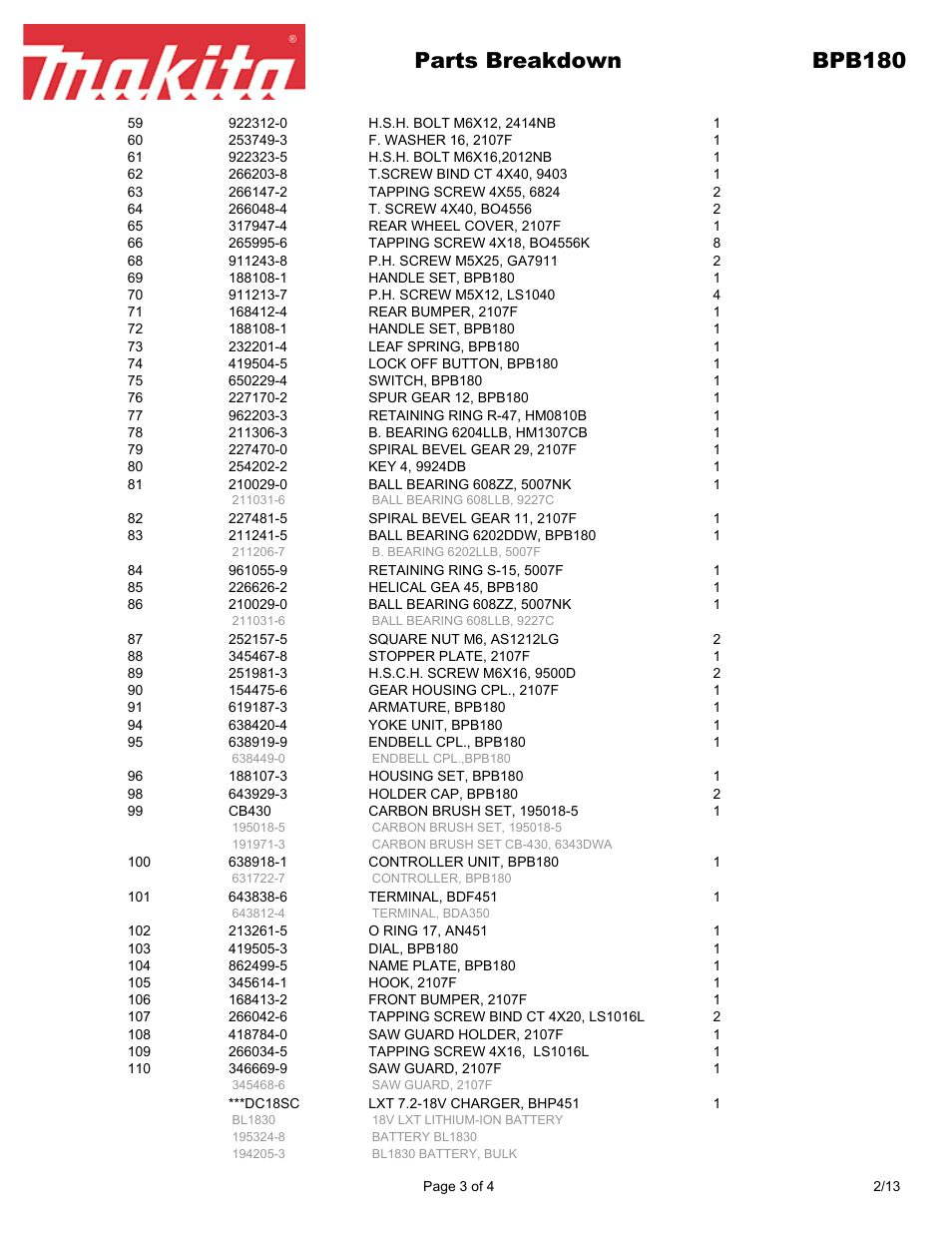 Parts breakdown bpb180 | Makita BPB180 User Manual | Page 3 / 4