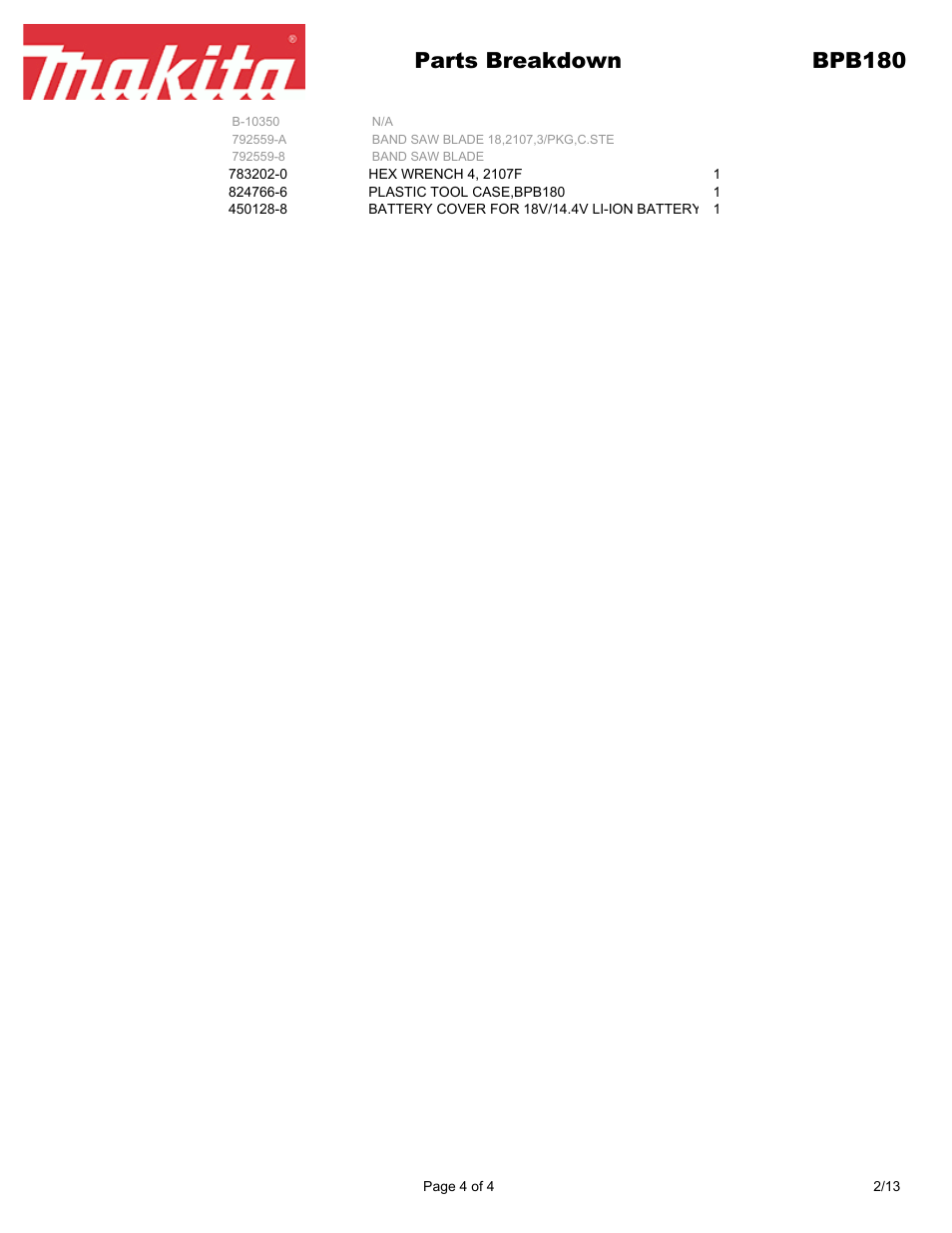 Parts breakdown bpb180 | Makita BPB180 User Manual | Page 4 / 4
