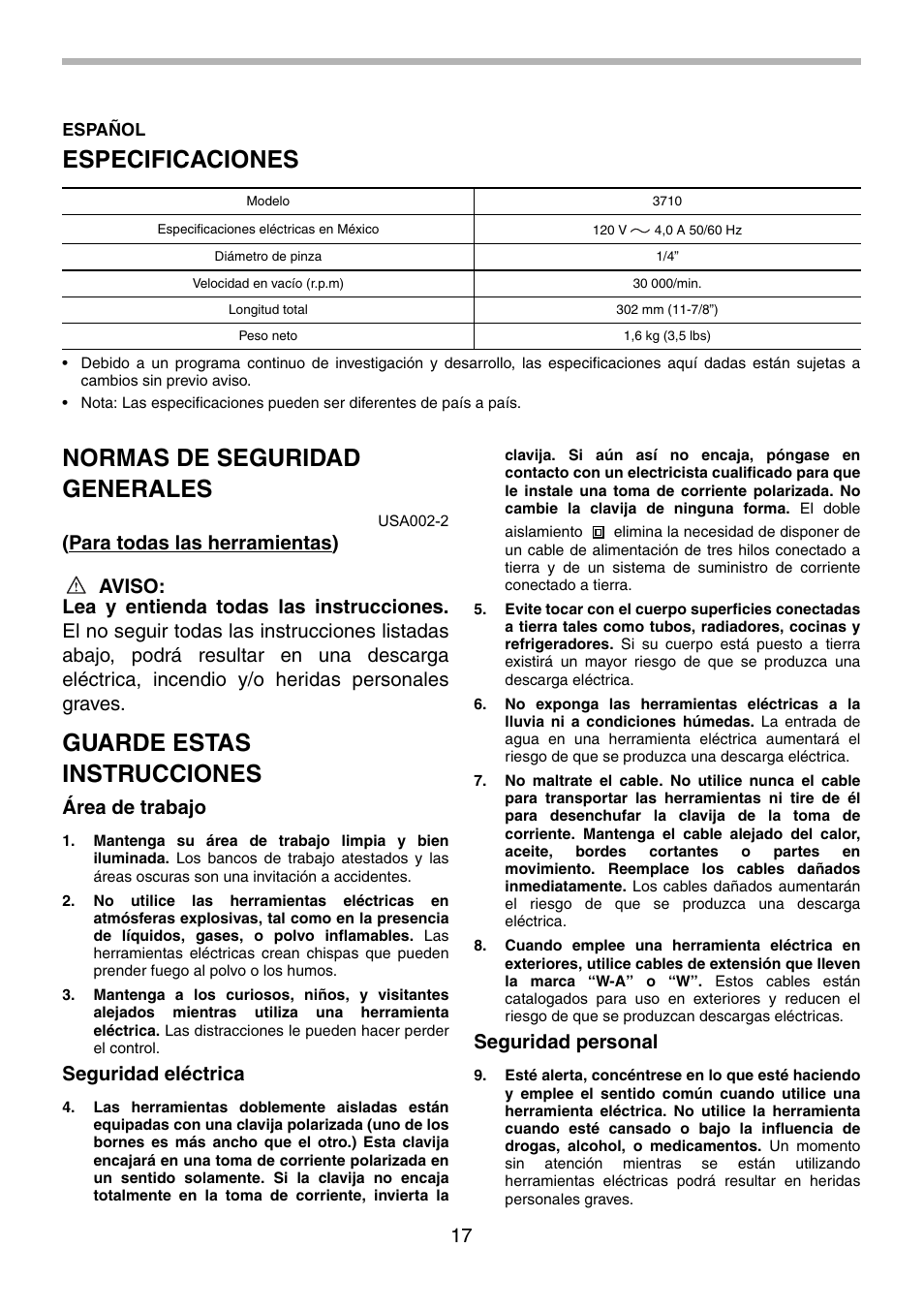 Especificaciones, Normas de seguridad generales, Guarde estas instrucciones | Área de trabajo, Seguridad eléctrica, Seguridad personal | Makita 3710 User Manual | Page 17 / 28