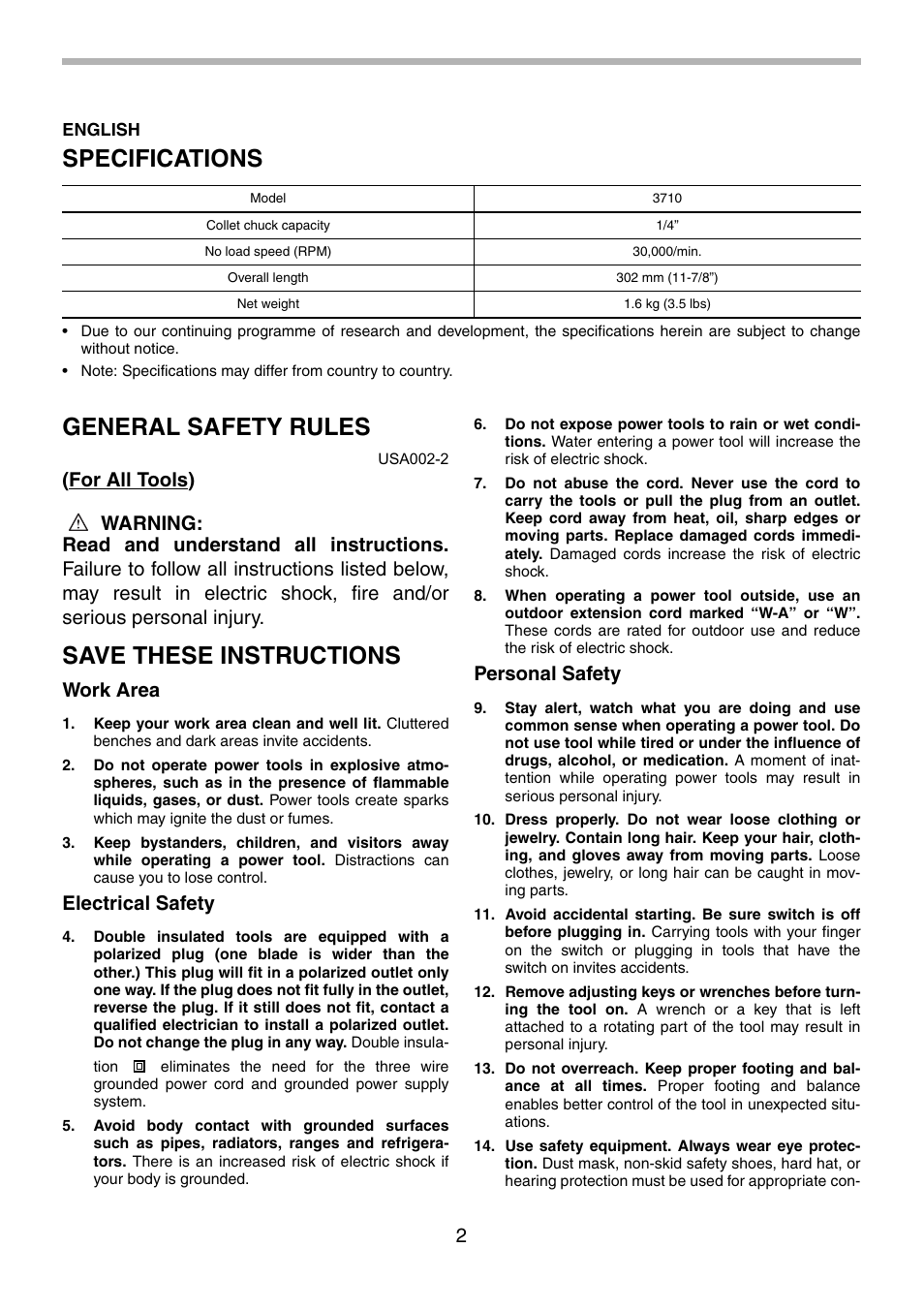 Specifications, General safety rules, Save these instructions | Work area, Electrical safety, Personal safety | Makita 3710 User Manual | Page 2 / 28