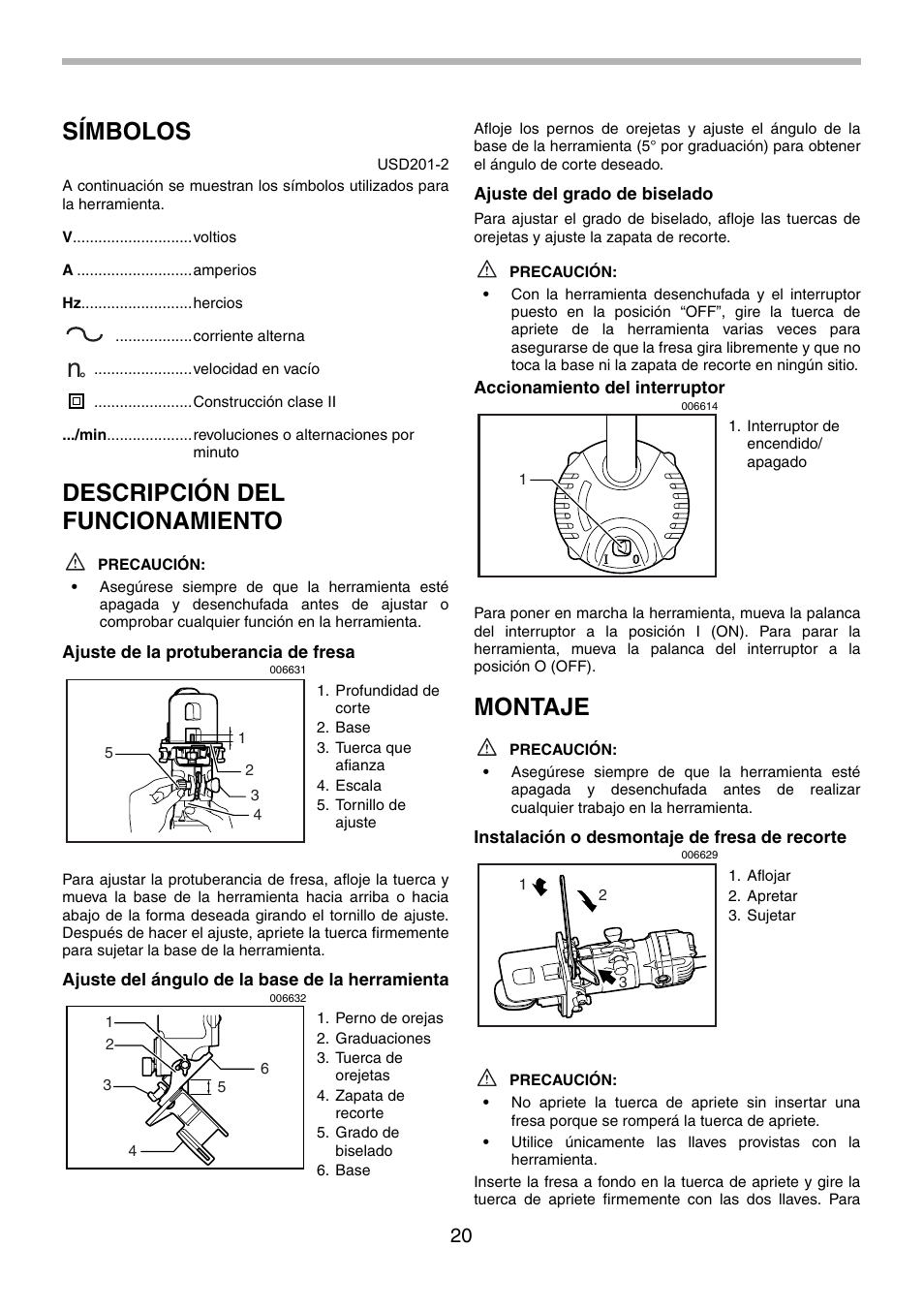 Símbolos, Descripción del funcionamiento, Montaje | Makita 3710 User Manual | Page 20 / 28
