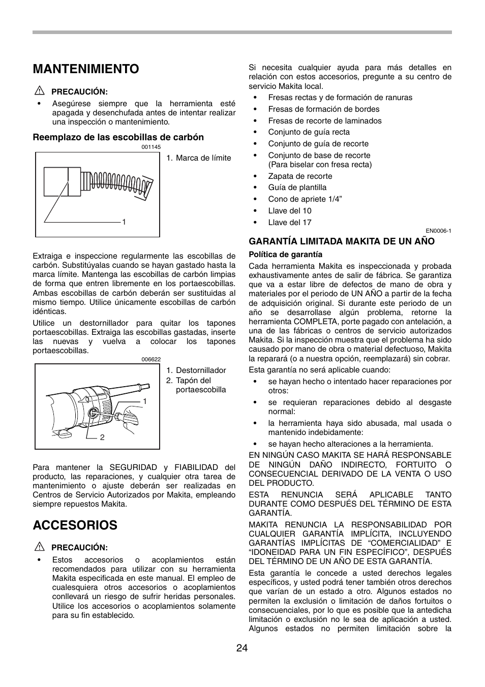 Mantenimiento, Accesorios | Makita 3710 User Manual | Page 24 / 28