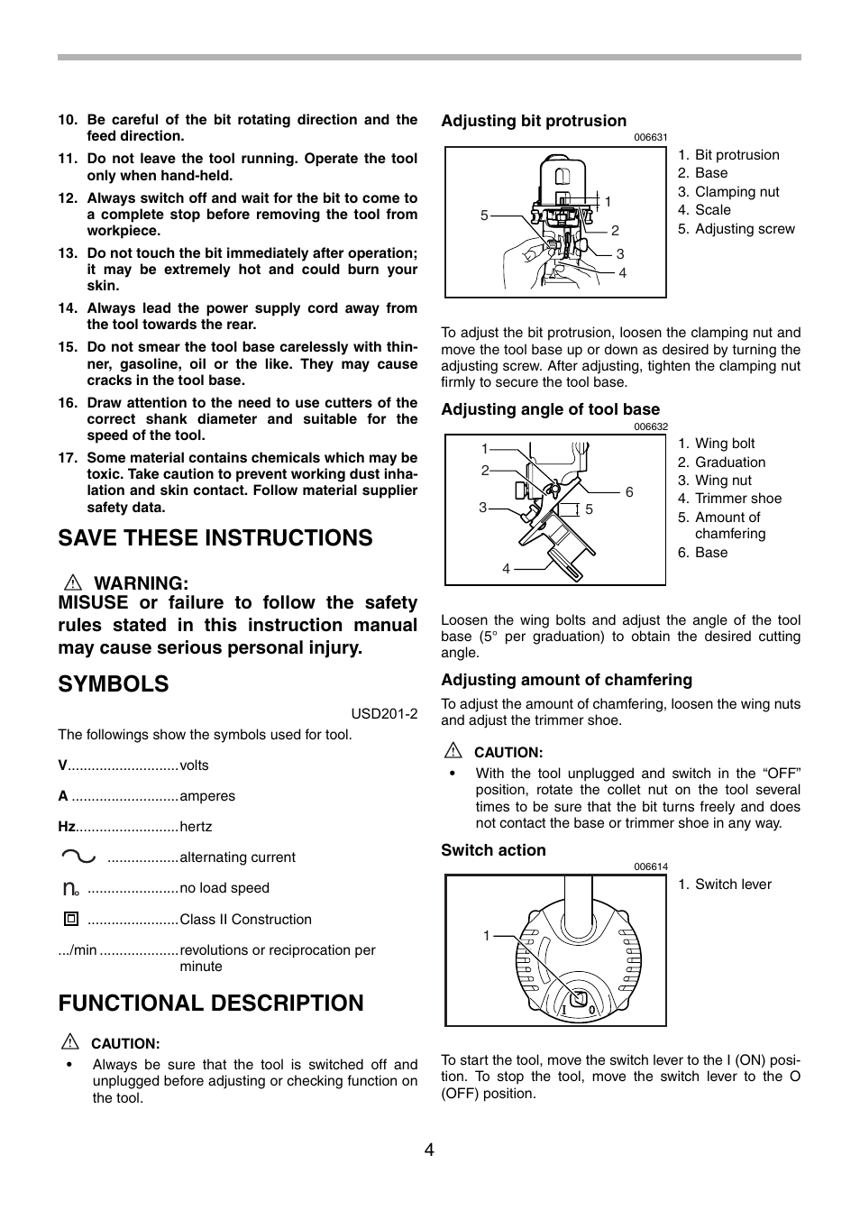 Save these instructions, Symbols, Functional description | Makita 3710 User Manual | Page 4 / 28