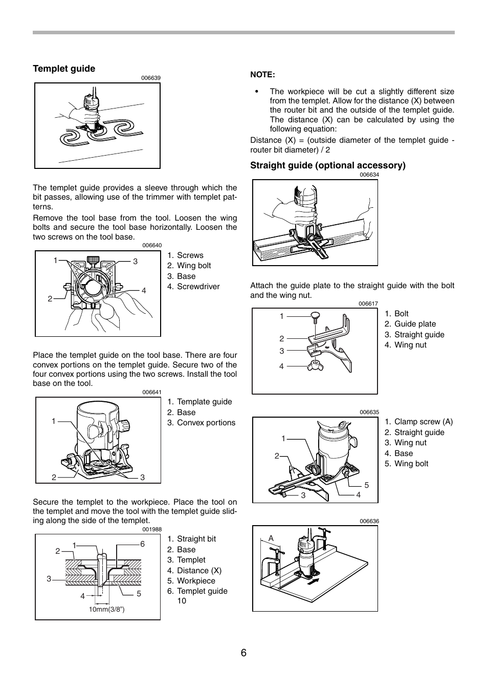 Templet guide, Straight guide (optional accessory) | Makita 3710 User Manual | Page 6 / 28
