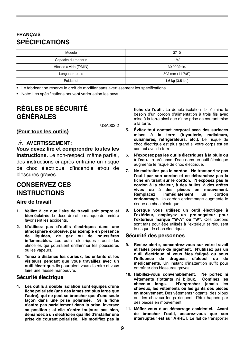 Spécifications, Règles de sécurité générales, Conservez ces instructions | Pour tous les outils, Aire de travail, Sécurité électrique, Sécurité des personnes | Makita 3710 User Manual | Page 9 / 28