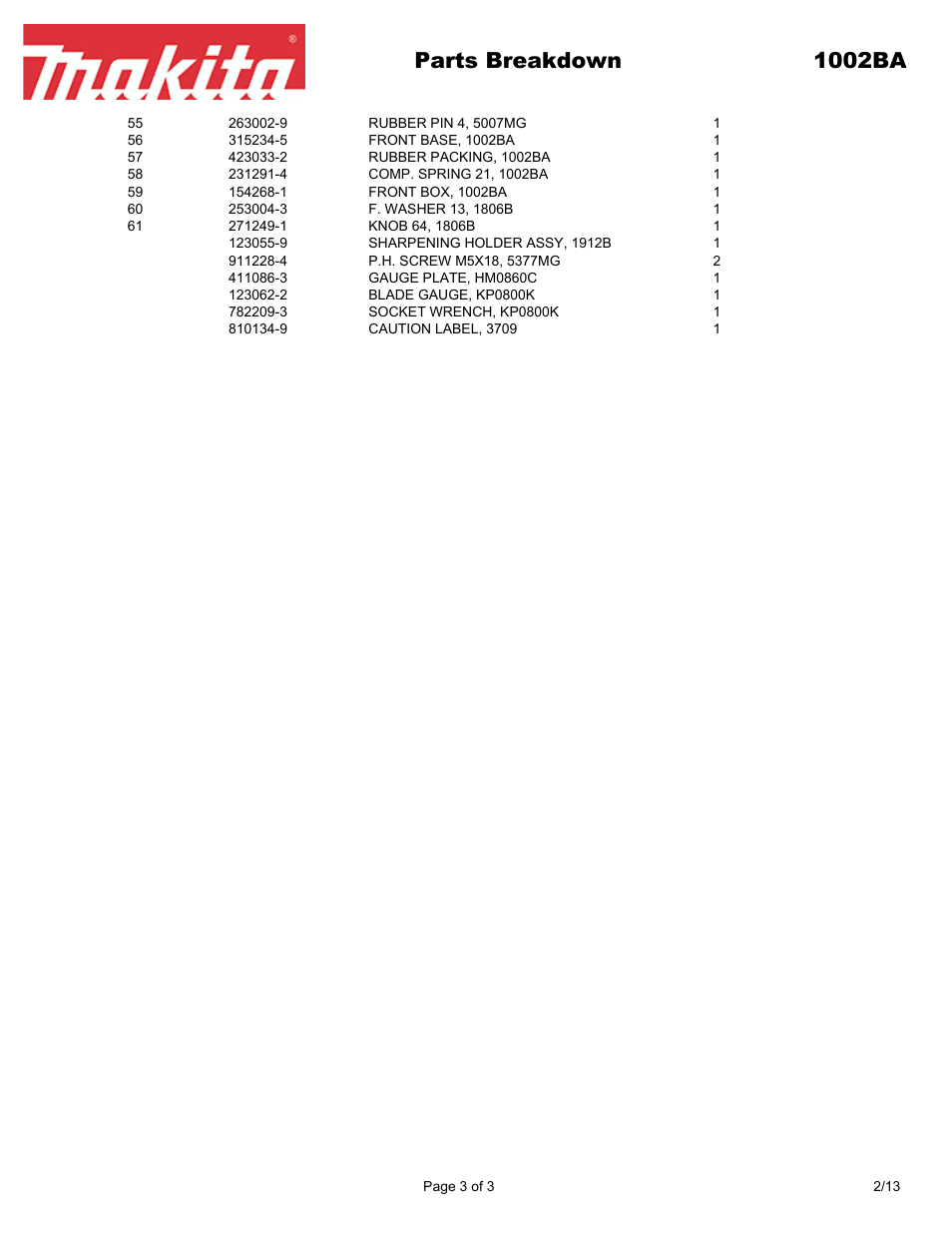 Parts breakdown 1002ba | Makita 1002BA User Manual | Page 3 / 3