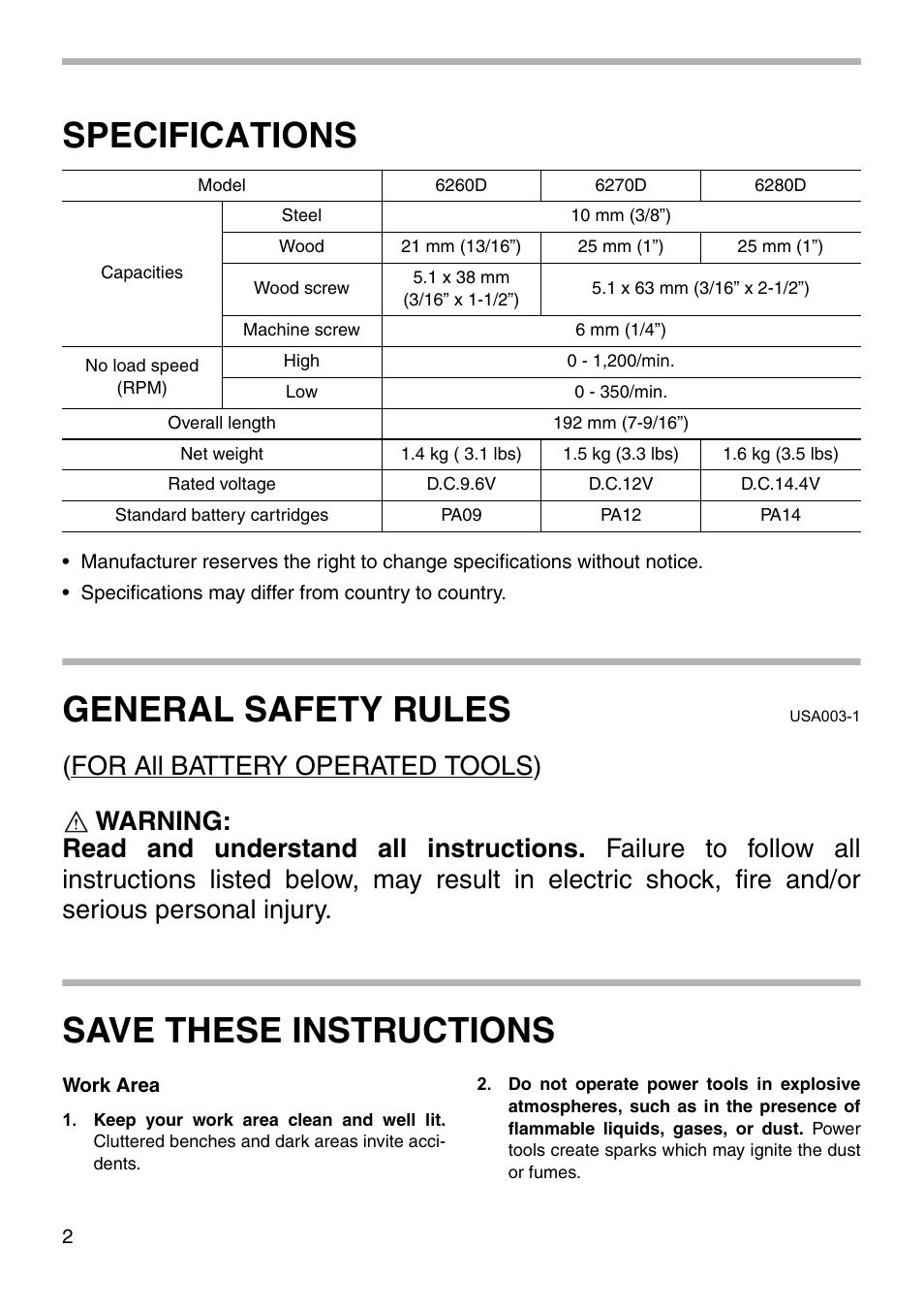 Specifications, General safety rules, Save these instructions | Makita 6280D User Manual | Page 2 / 16