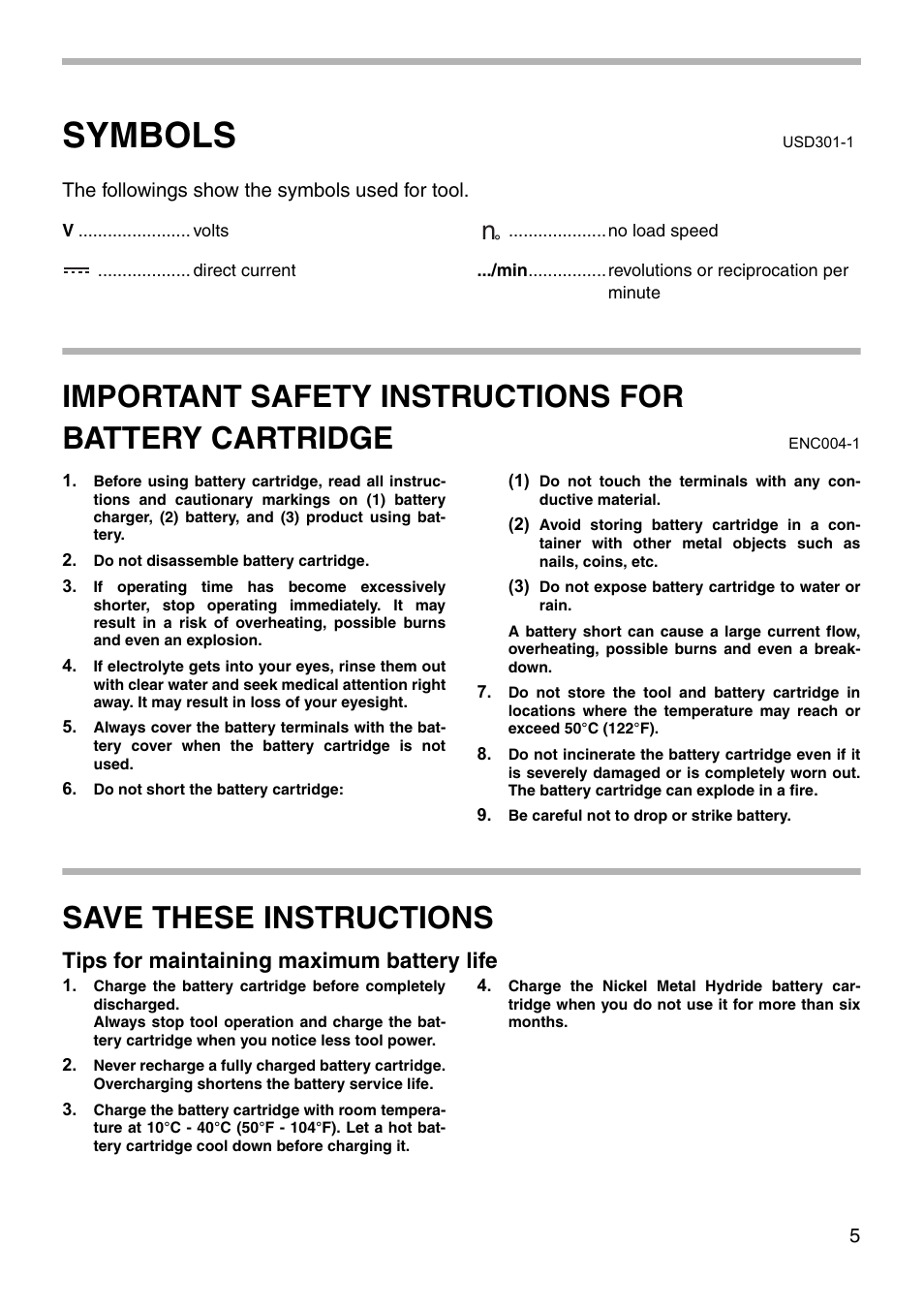 Symbols, Save these instructions, Tips for maintaining maximum battery life | Makita 6280D User Manual | Page 5 / 16