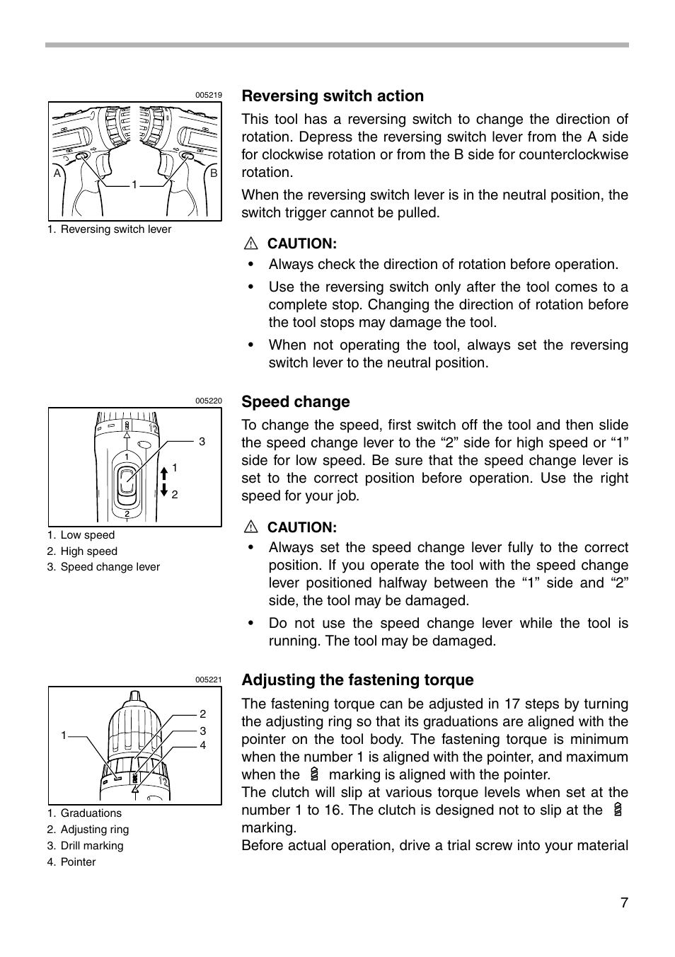 Reversing switch action, Speed change, Adjusting the fastening torque | Makita 6280D User Manual | Page 7 / 16