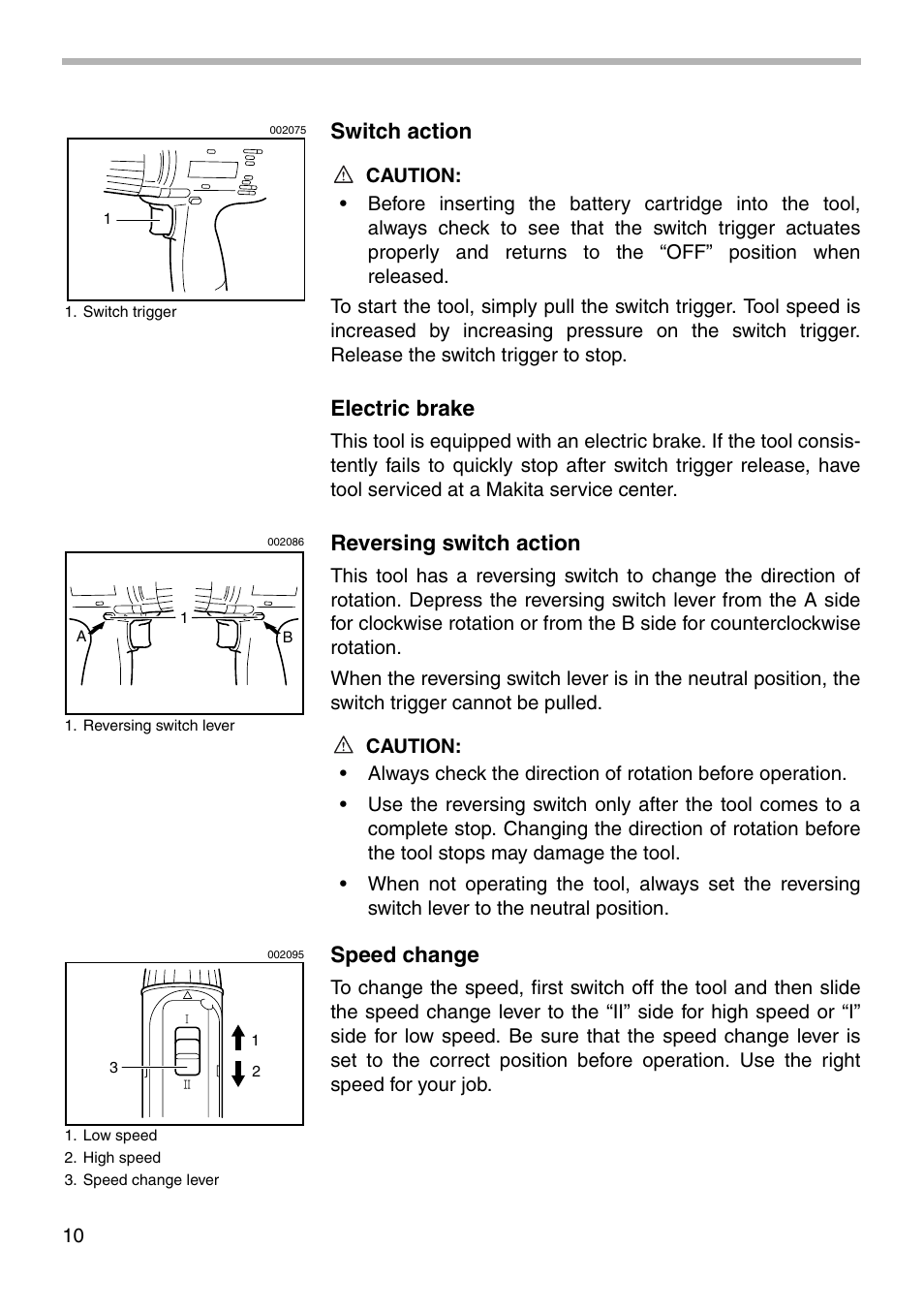 Switch action, Electric brake, Reversing switch action | Speed change | Makita 6313D User Manual | Page 10 / 20