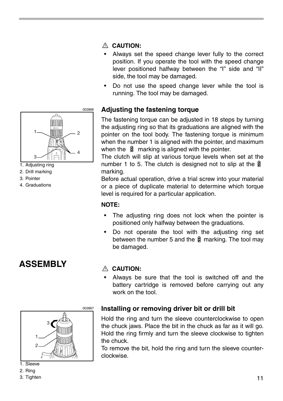 Assembly, Adjusting the fastening torque, Installing or removing driver bit or drill bit | Makita 6313D User Manual | Page 11 / 20