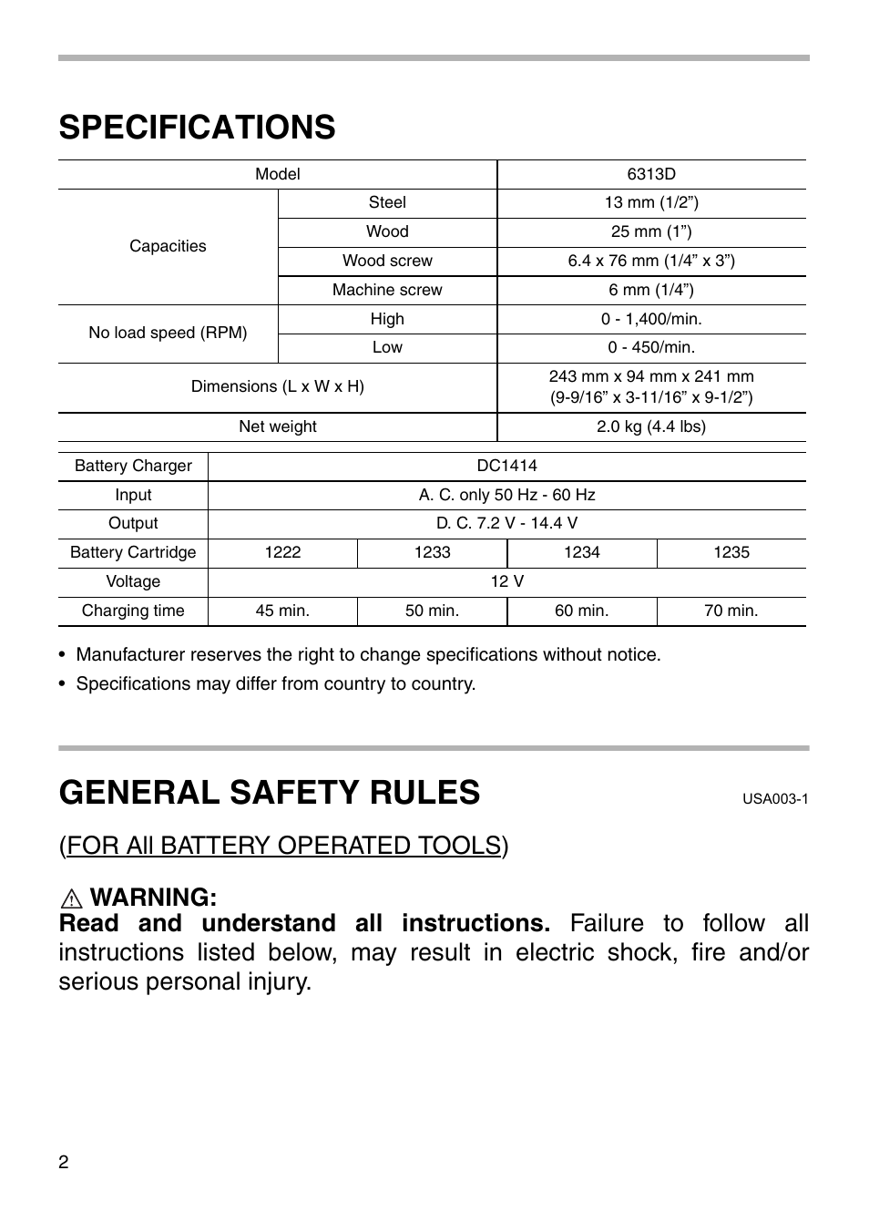 Specifications, General safety rules | Makita 6313D User Manual | Page 2 / 20