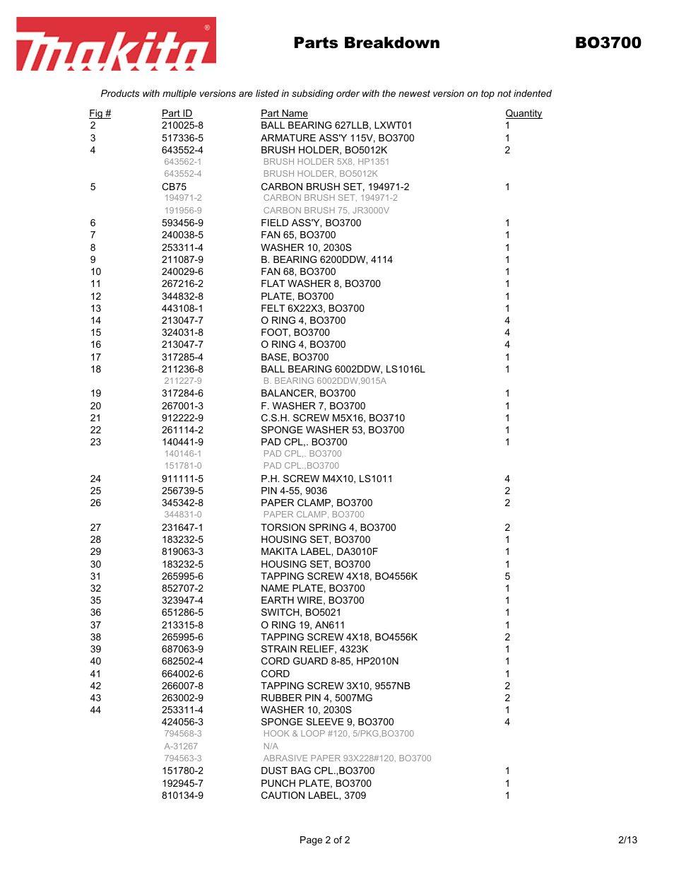 Parts breakdown bo3700 | Makita BO370 User Manual | Page 2 / 2