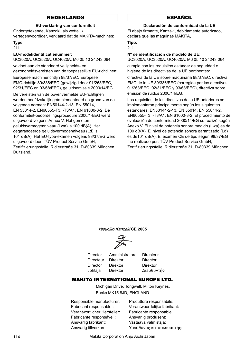 Nederlands español | Makita UC4020A User Manual | Page 114 / 120