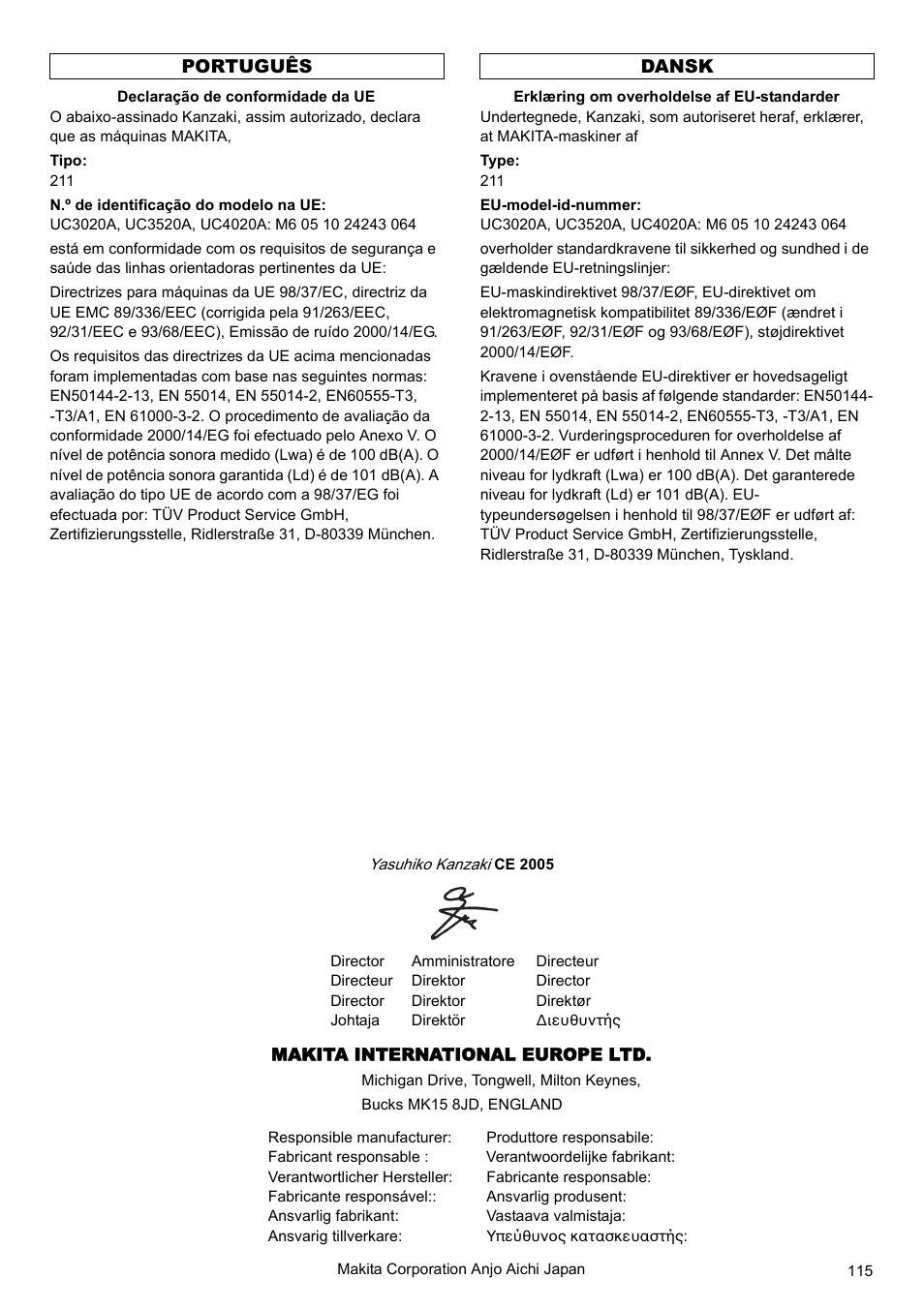 Português dansk | Makita UC4020A User Manual | Page 115 / 120