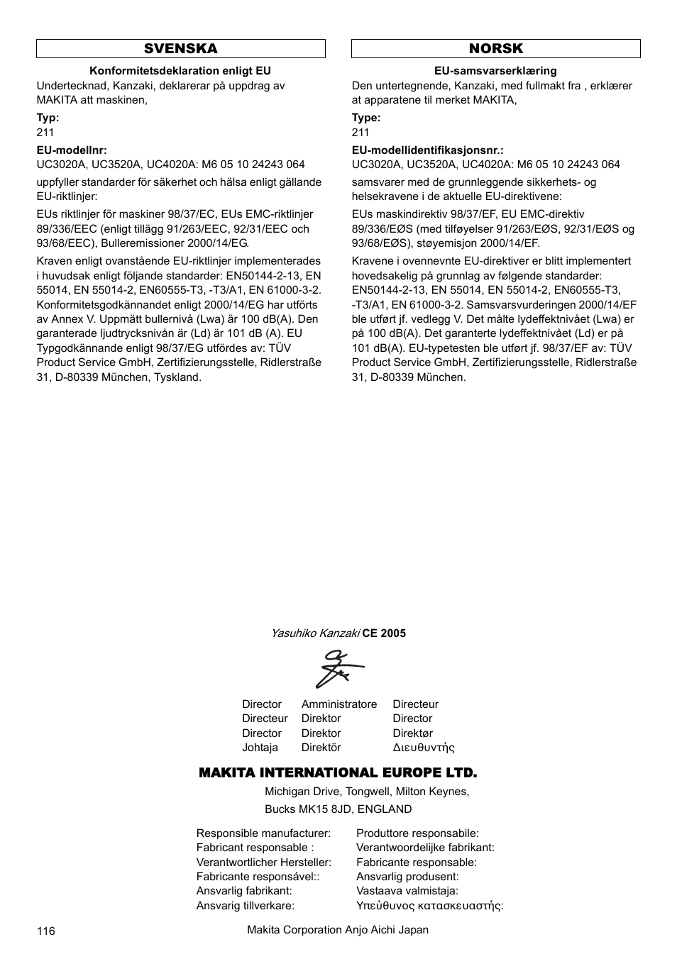 Svenska norsk | Makita UC4020A User Manual | Page 116 / 120