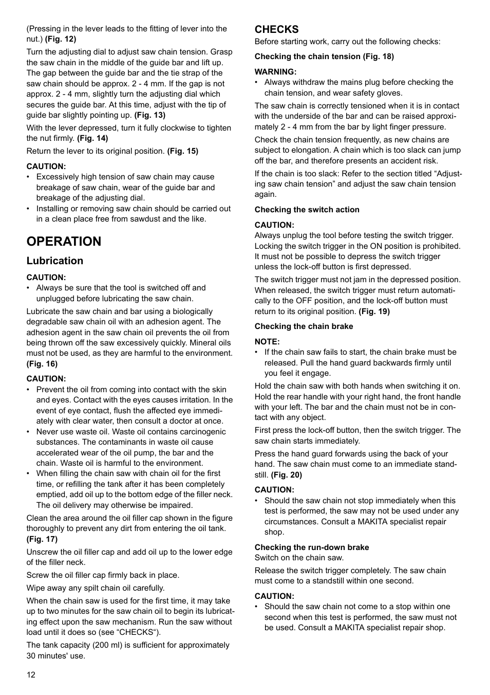 Operation, Lubrication, Checks | Makita UC4020A User Manual | Page 12 / 120