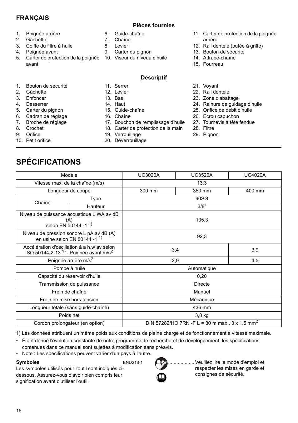 Spécifications, Français | Makita UC4020A User Manual | Page 16 / 120