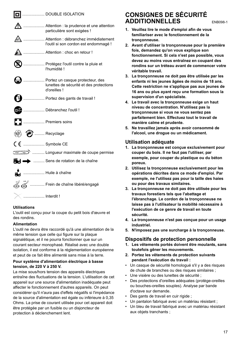 Consignes de sécurité additionnelles, Utilisation adéquate, Dispositifs de protection personnelle | Makita UC4020A User Manual | Page 17 / 120