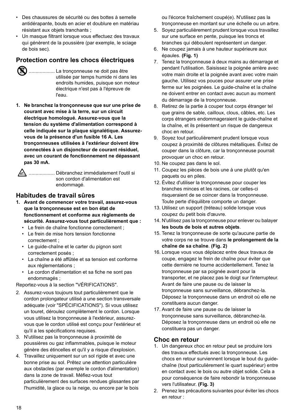 Protection contre les chocs électriques, Habitudes de travail sûres, Choc en retour | Makita UC4020A User Manual | Page 18 / 120