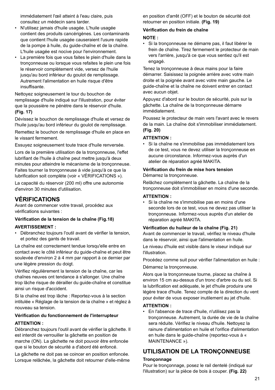 Vérifications, Utilisation de la tronçonneuse | Makita UC4020A User Manual | Page 21 / 120