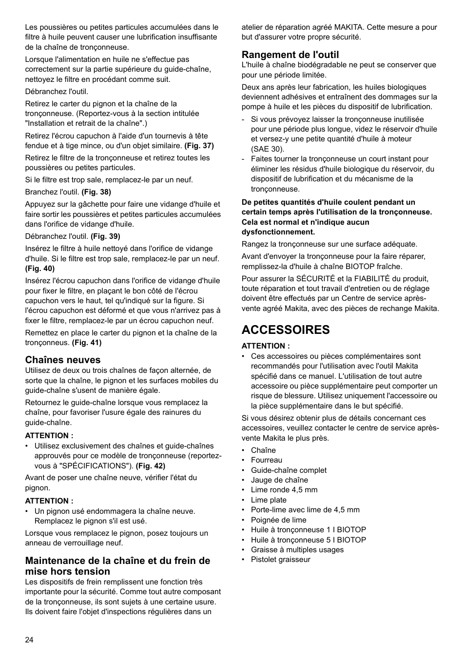 Accessoires, Chaînes neuves, Rangement de l'outil | Makita UC4020A User Manual | Page 24 / 120
