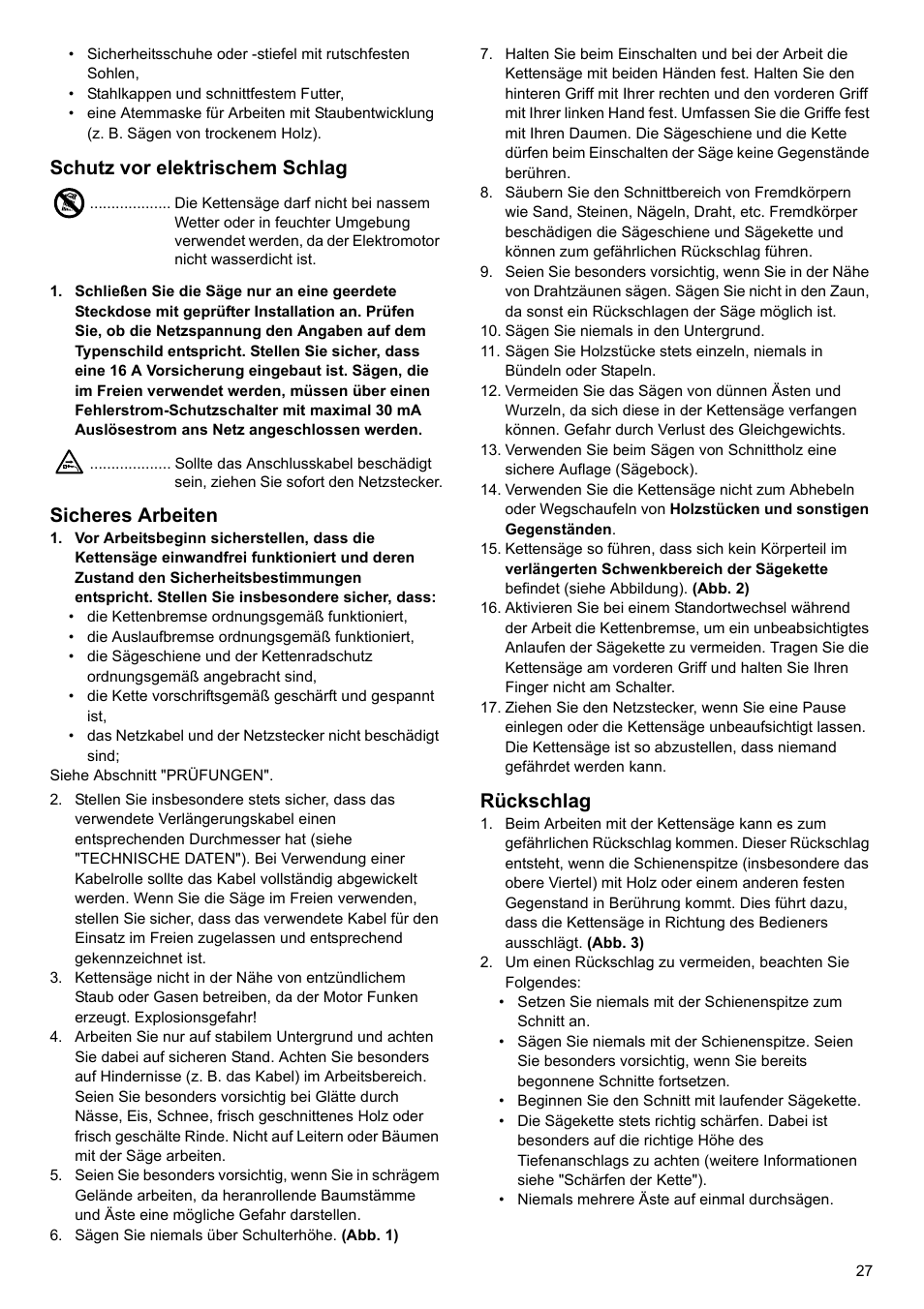 Schutz vor elektrischem schlag, Sicheres arbeiten, Rückschlag | Makita UC4020A User Manual | Page 27 / 120