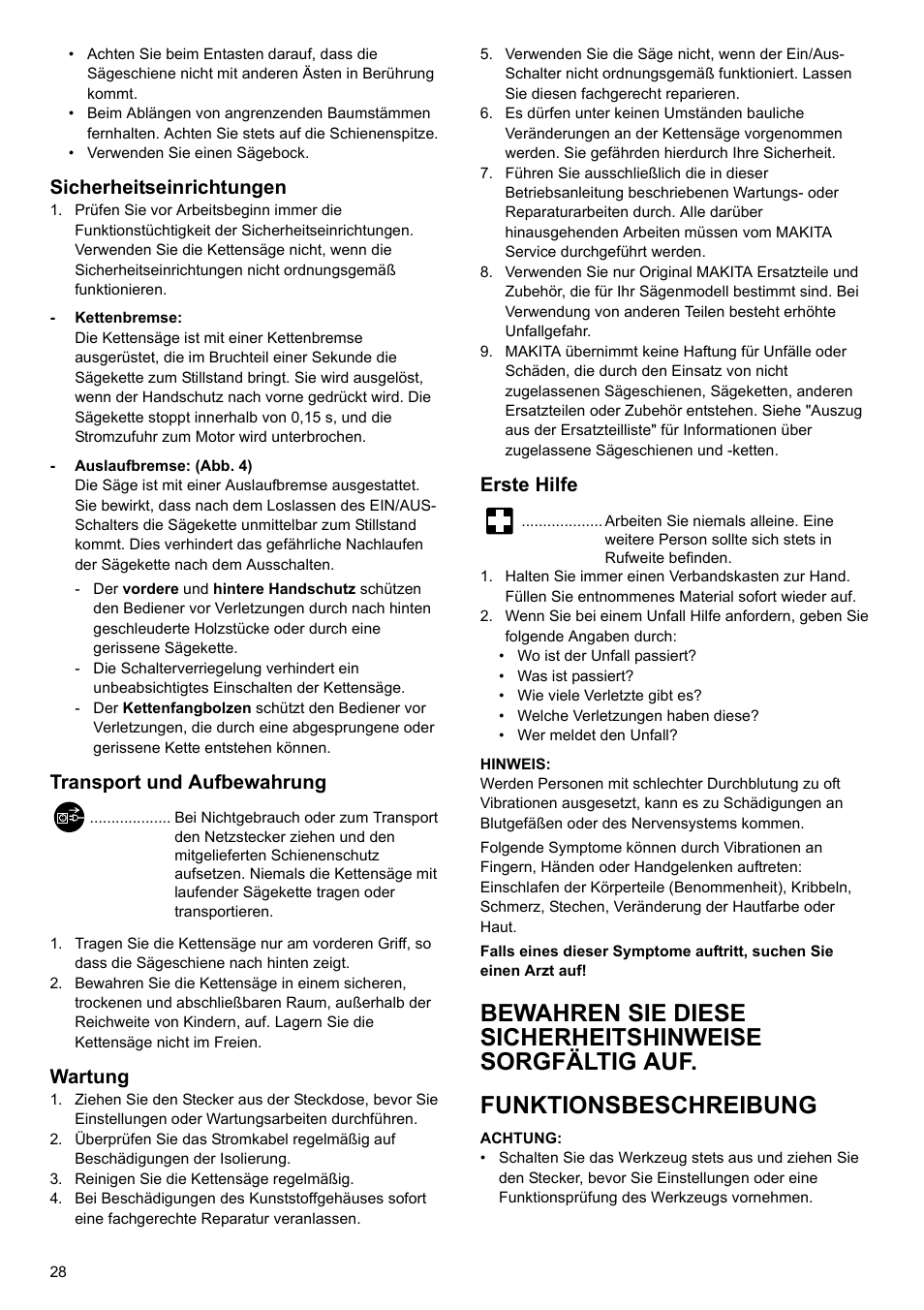 Sicherheitseinrichtungen, Transport und aufbewahrung, Wartung | Erste hilfe | Makita UC4020A User Manual | Page 28 / 120