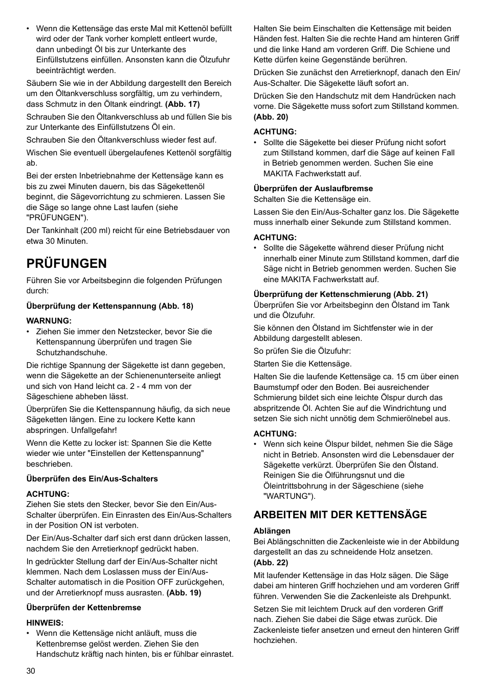 Prüfungen, Arbeiten mit der kettensäge | Makita UC4020A User Manual | Page 30 / 120