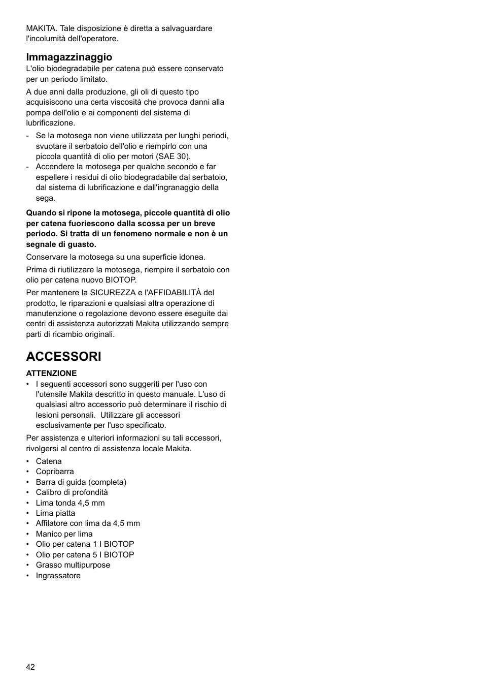 Accessori, Immagazzinaggio | Makita UC4020A User Manual | Page 42 / 120