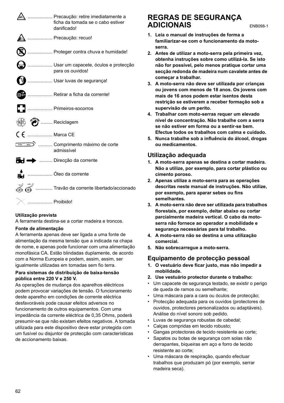 Regras de segurança adicionais, Utilização adequada, Equipamento de protecção pessoal | Makita UC4020A User Manual | Page 62 / 120