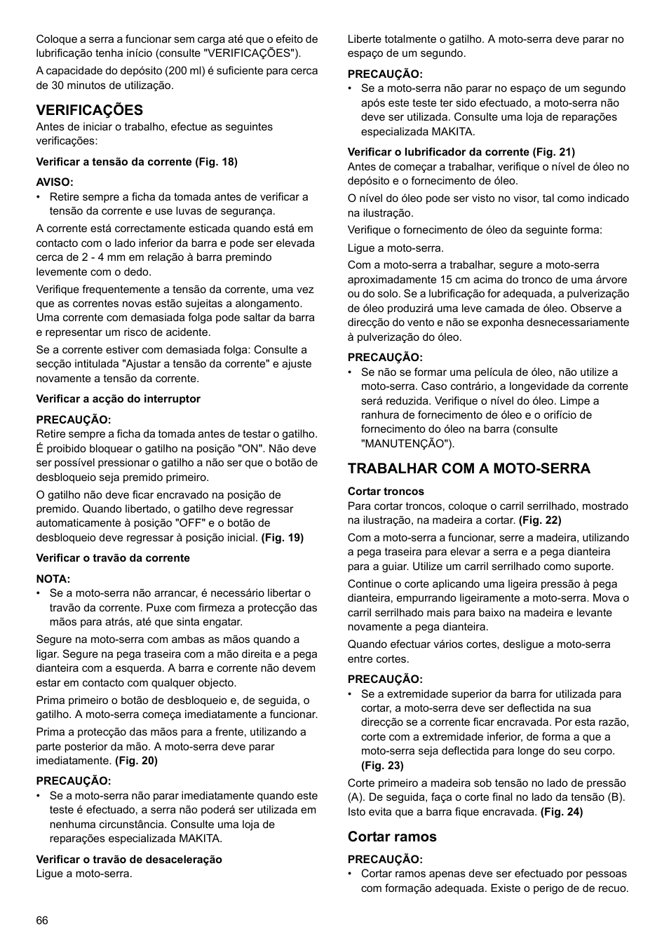 Verificações, Trabalhar com a moto-serra, Cortar ramos | Makita UC4020A User Manual | Page 66 / 120
