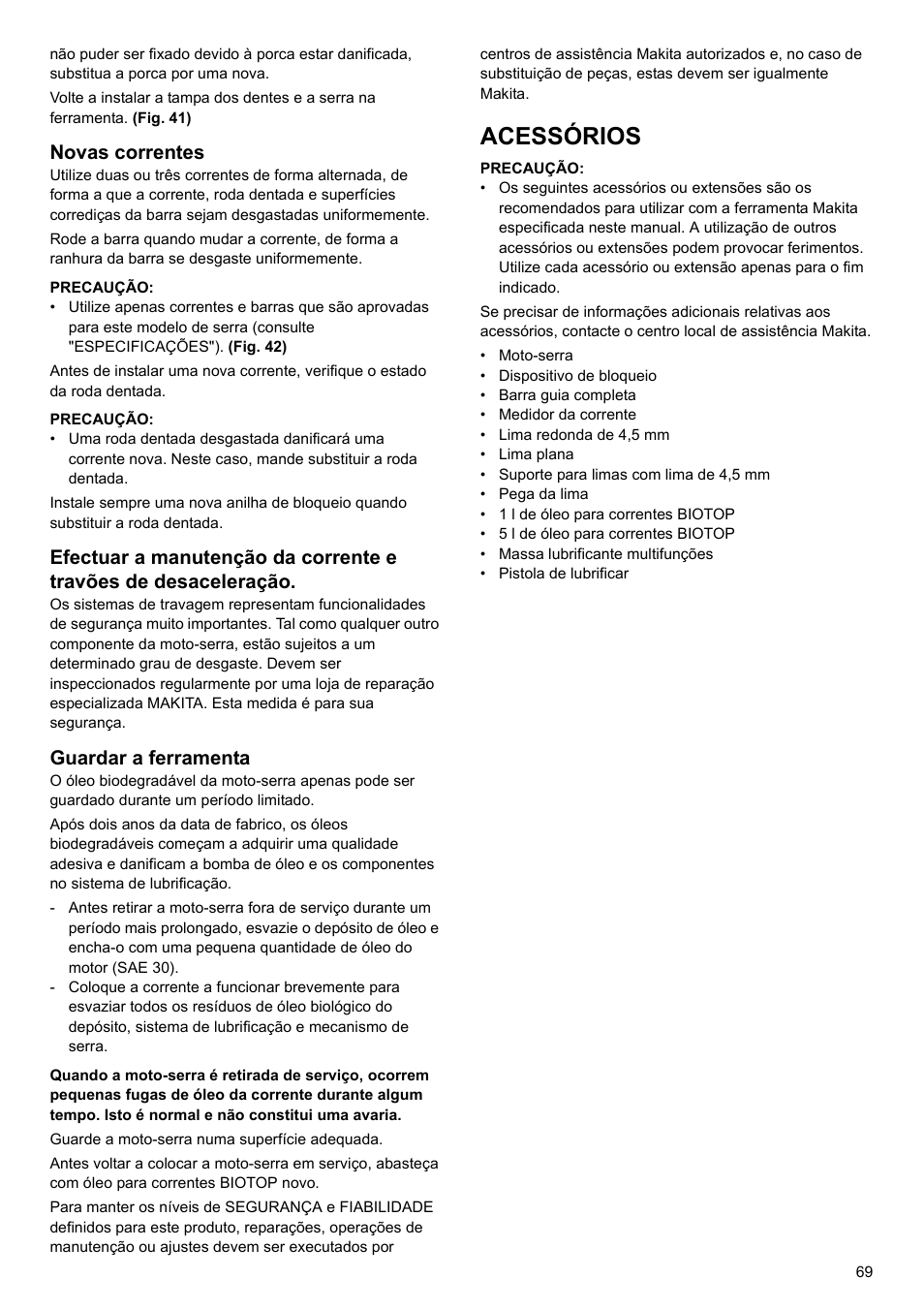 Acessórios, Novas correntes, Guardar a ferramenta | Makita UC4020A User Manual | Page 69 / 120