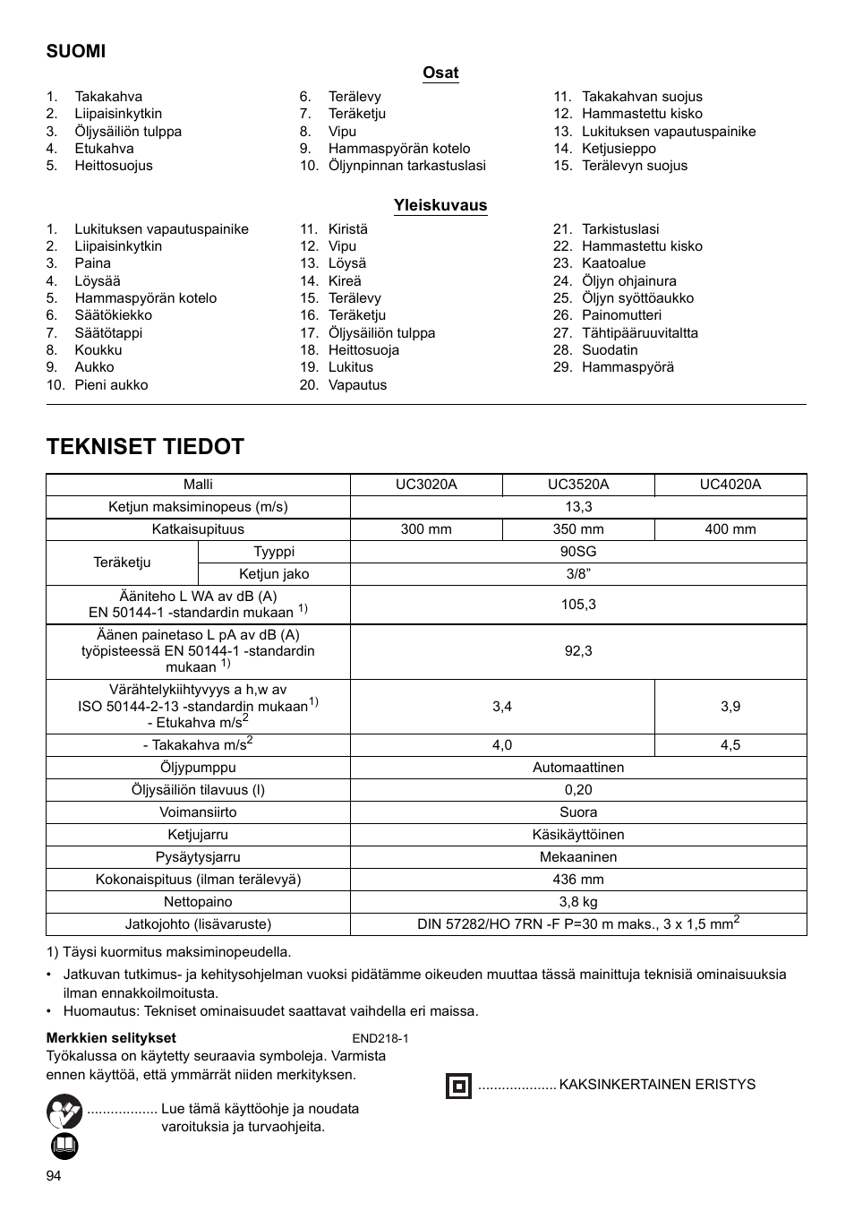 Tekniset tiedot, Suomi | Makita UC4020A User Manual | Page 94 / 120