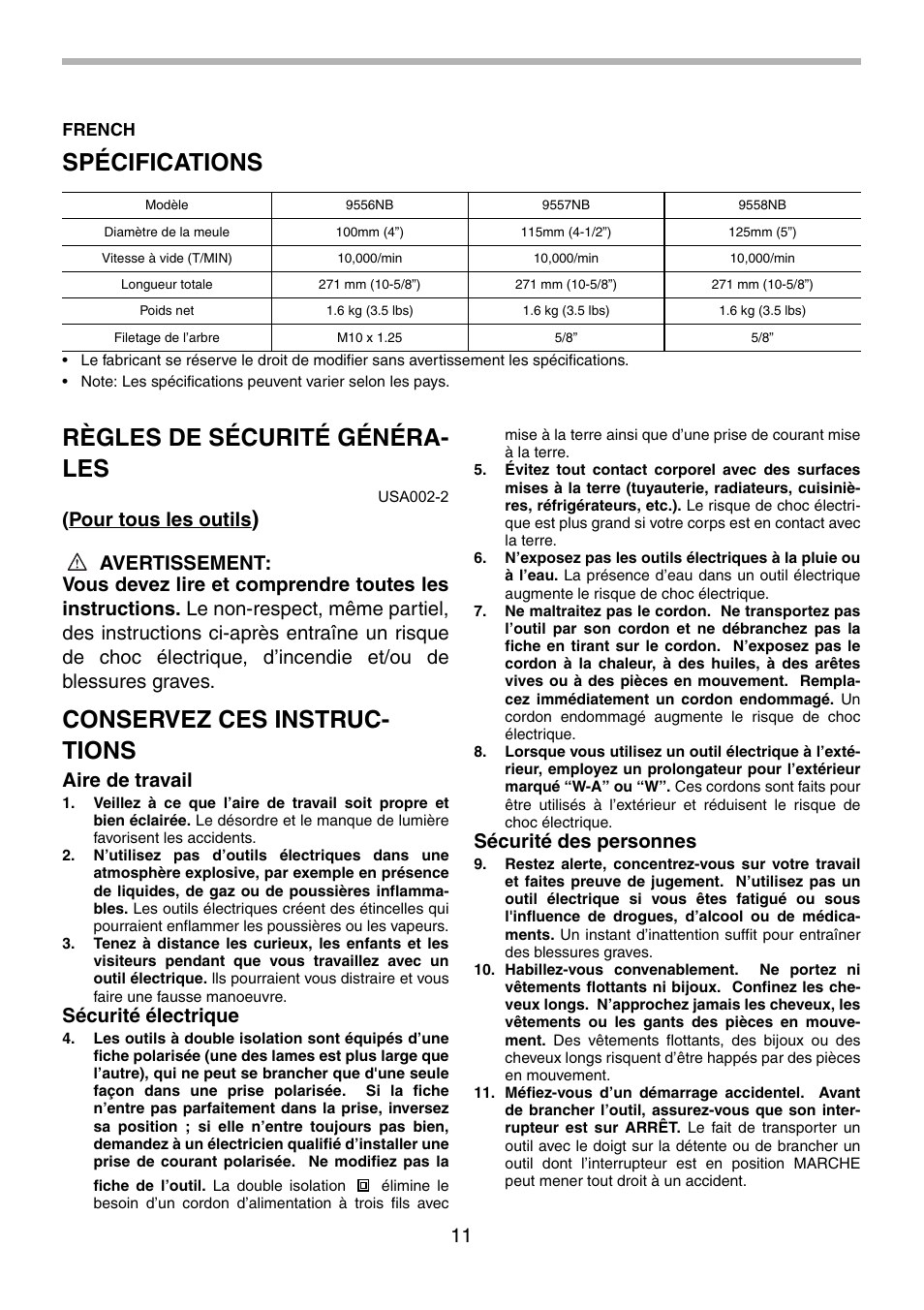 Spécifications, Règles de sécurité généra- les, Conservez ces instruc- tions | Pour tous les outils, Aire de travail, Sécurité électrique, Sécurité des personnes | Makita 9556NB User Manual | Page 11 / 32