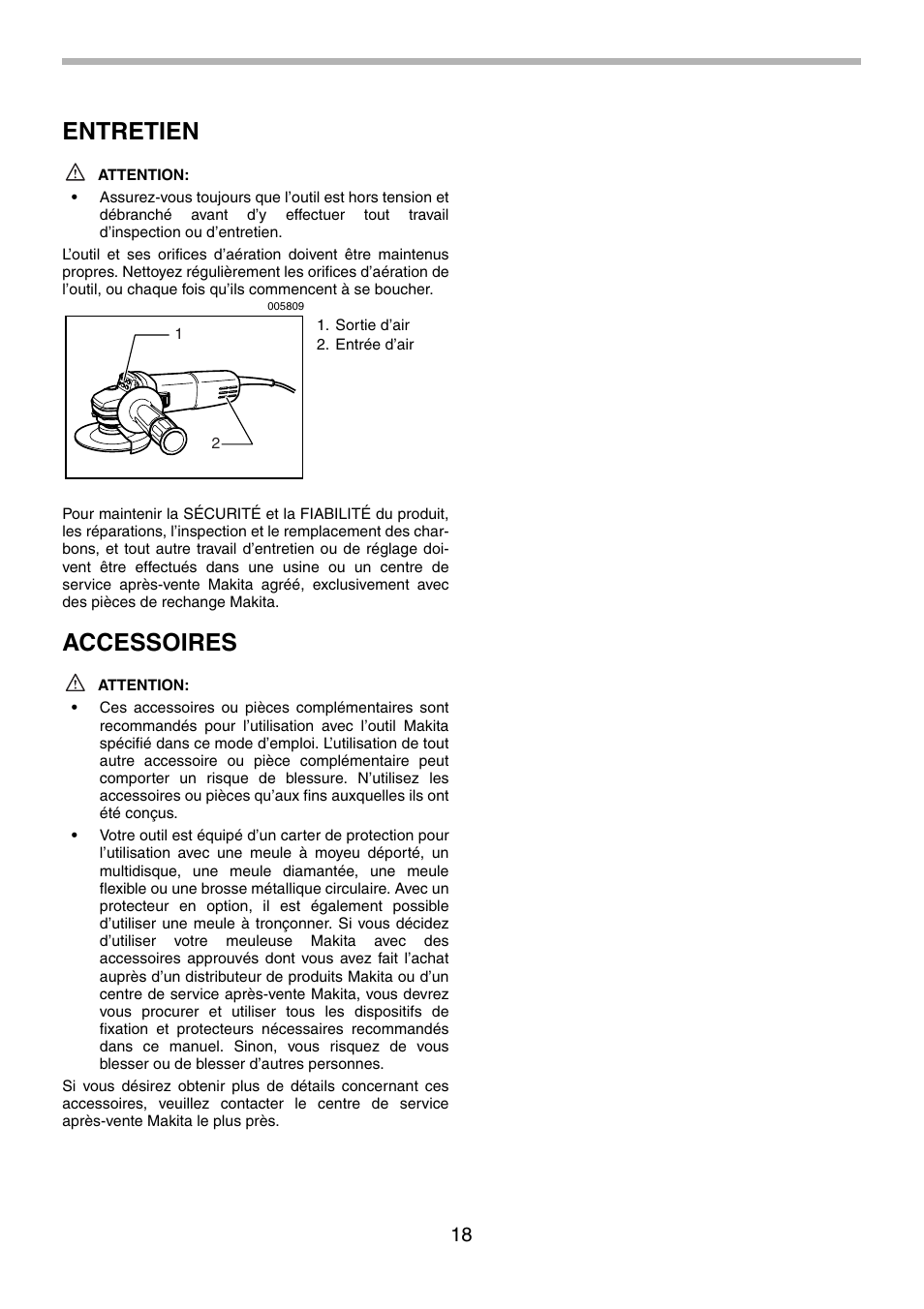 Entretien, Accessoires | Makita 9556NB User Manual | Page 18 / 32