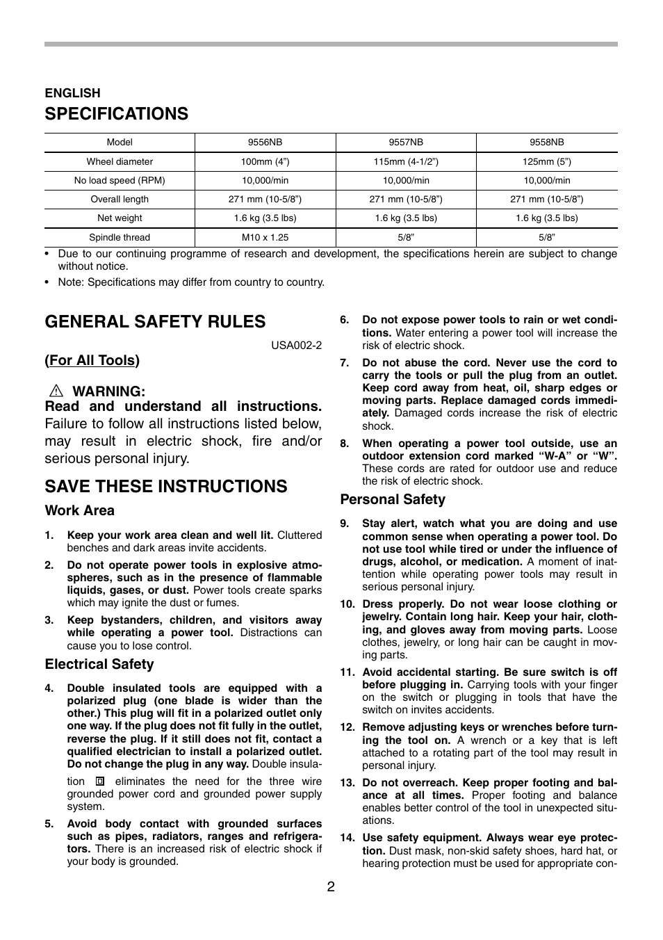 Specifications, General safety rules, Save these instructions | Work area, Electrical safety, Personal safety | Makita 9556NB User Manual | Page 2 / 32