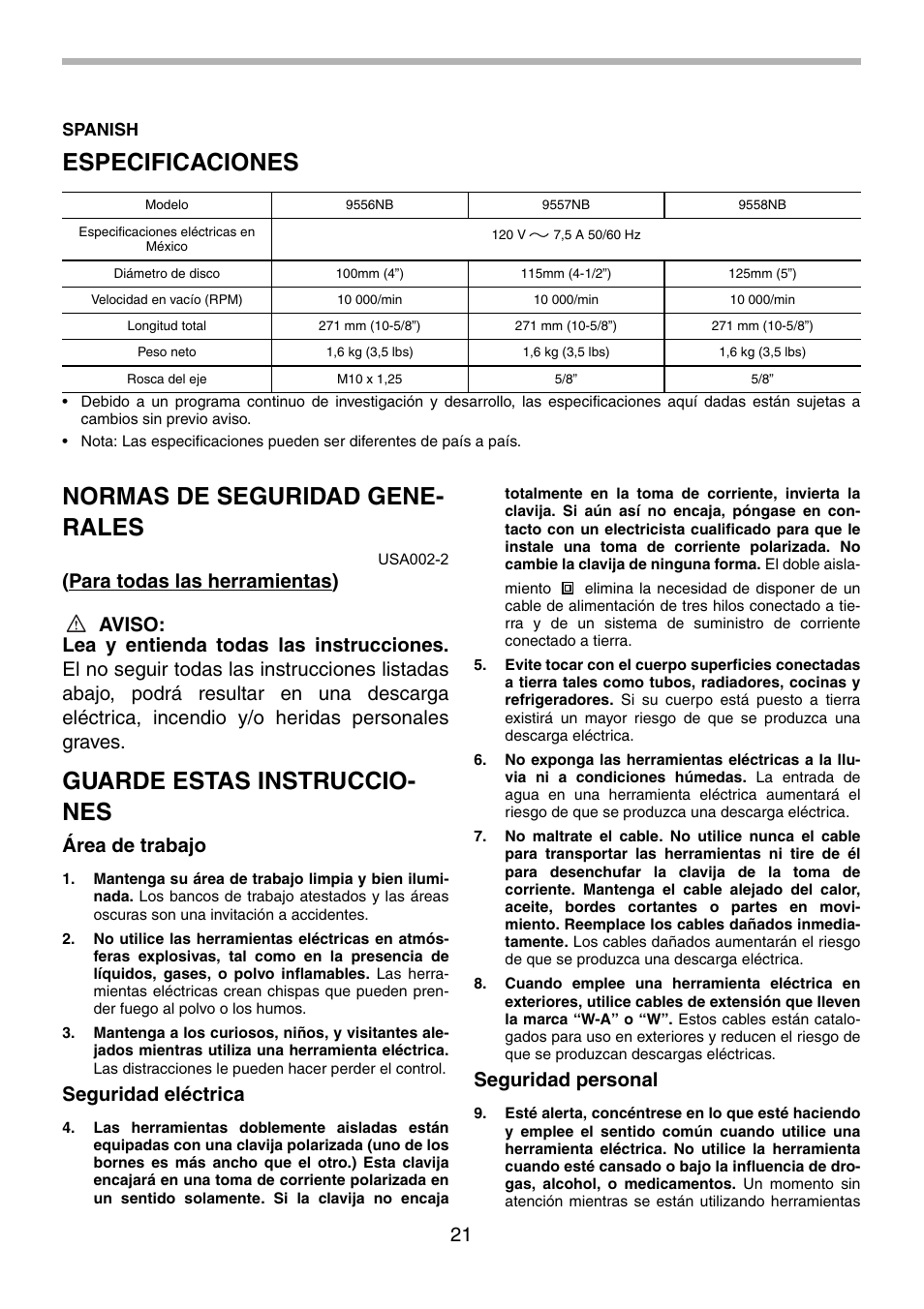 Especificaciones, Normas de seguridad gene- rales, Guarde estas instruccio- nes | Área de trabajo, Seguridad eléctrica, Seguridad personal | Makita 9556NB User Manual | Page 21 / 32