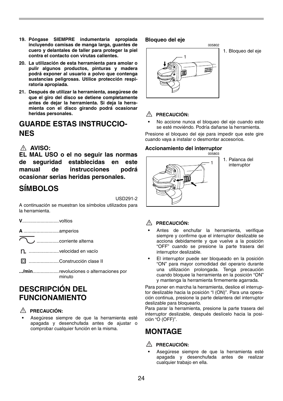 Guarde estas instruccio- nes, Símbolos, Descripción del funcionamiento | Montage | Makita 9556NB User Manual | Page 24 / 32