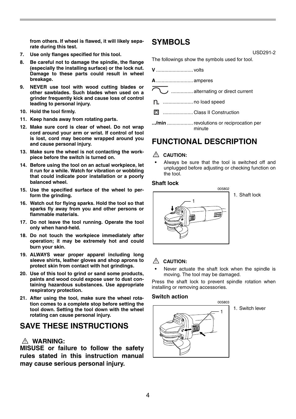 Save these instructions, Symbols, Functional description | Makita 9556NB User Manual | Page 4 / 32