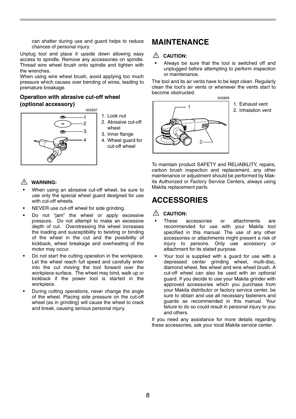 Maintenance, Accessories | Makita 9556NB User Manual | Page 8 / 32