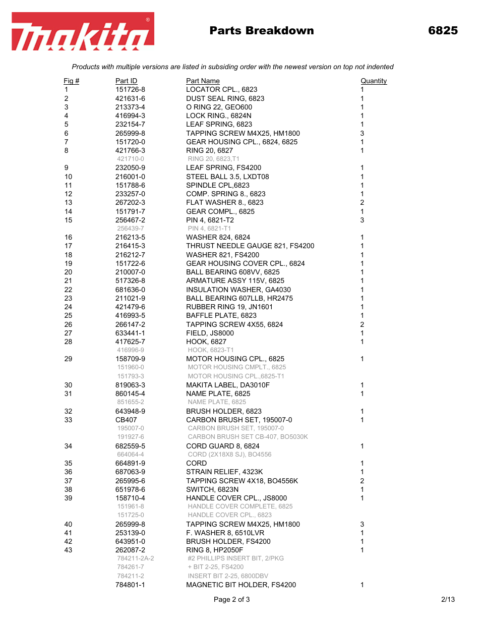 Parts breakdown 6825 | Makita 6825 User Manual | Page 2 / 3