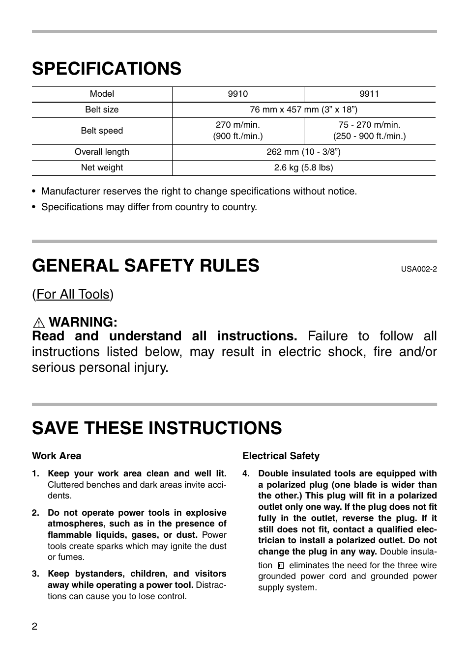 Specifications, General safety rules, Save these instructions | Makita 9911 User Manual | Page 2 / 16