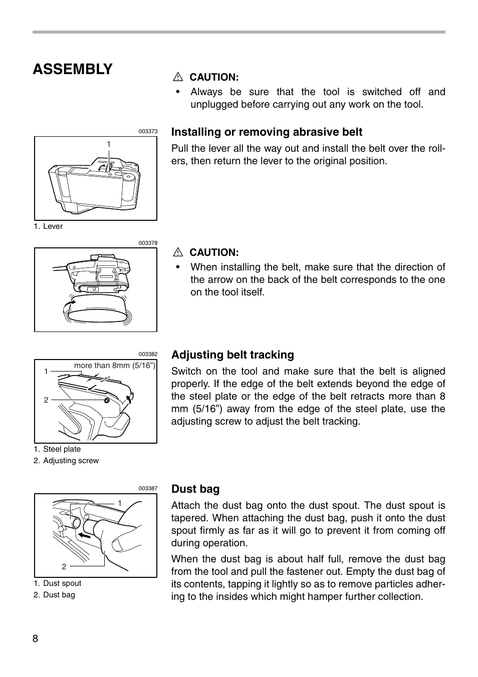 Assembly, Installing or removing abrasive belt, Adjusting belt tracking | Dust bag | Makita 9911 User Manual | Page 8 / 16
